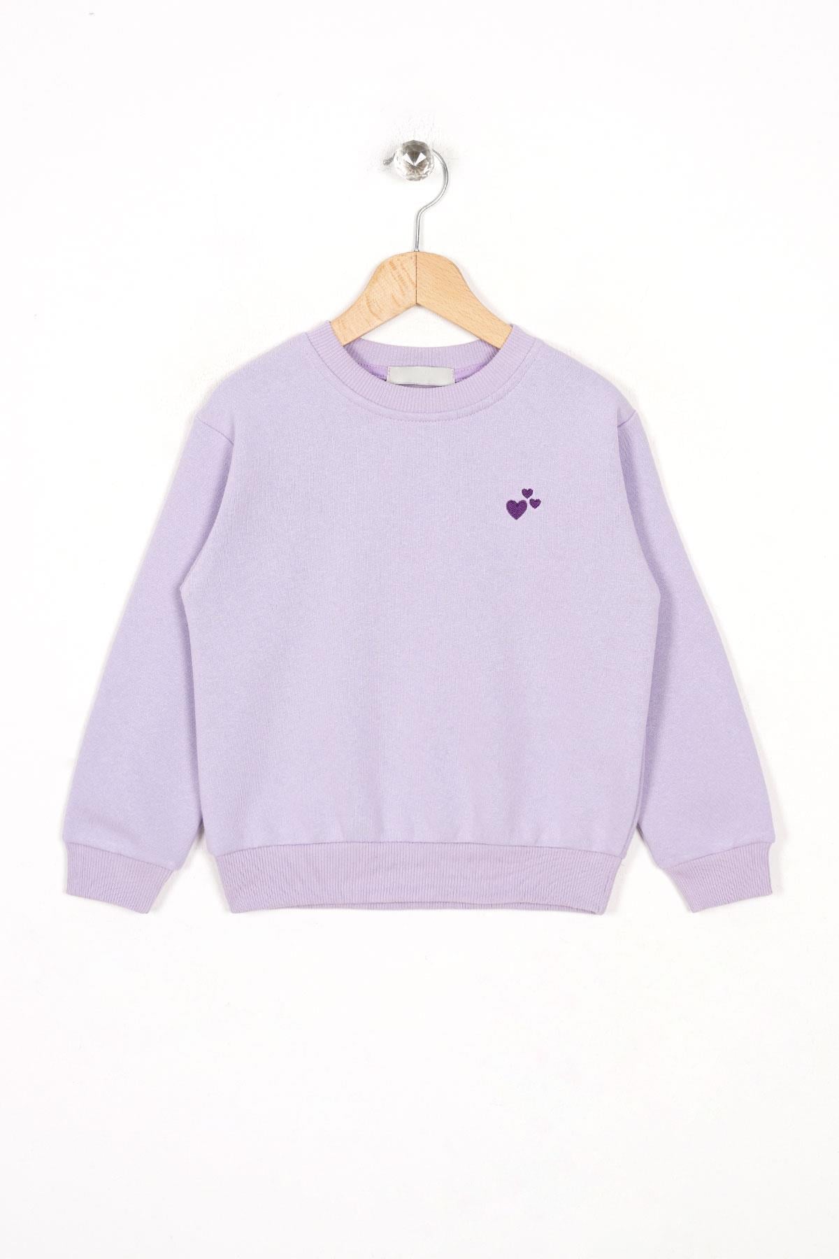 Bisiklet Yaka Uzun Kol Kalp Nakışlı Şardonlu Kız Çocuk Koyu Lila Renk Sweatshirt