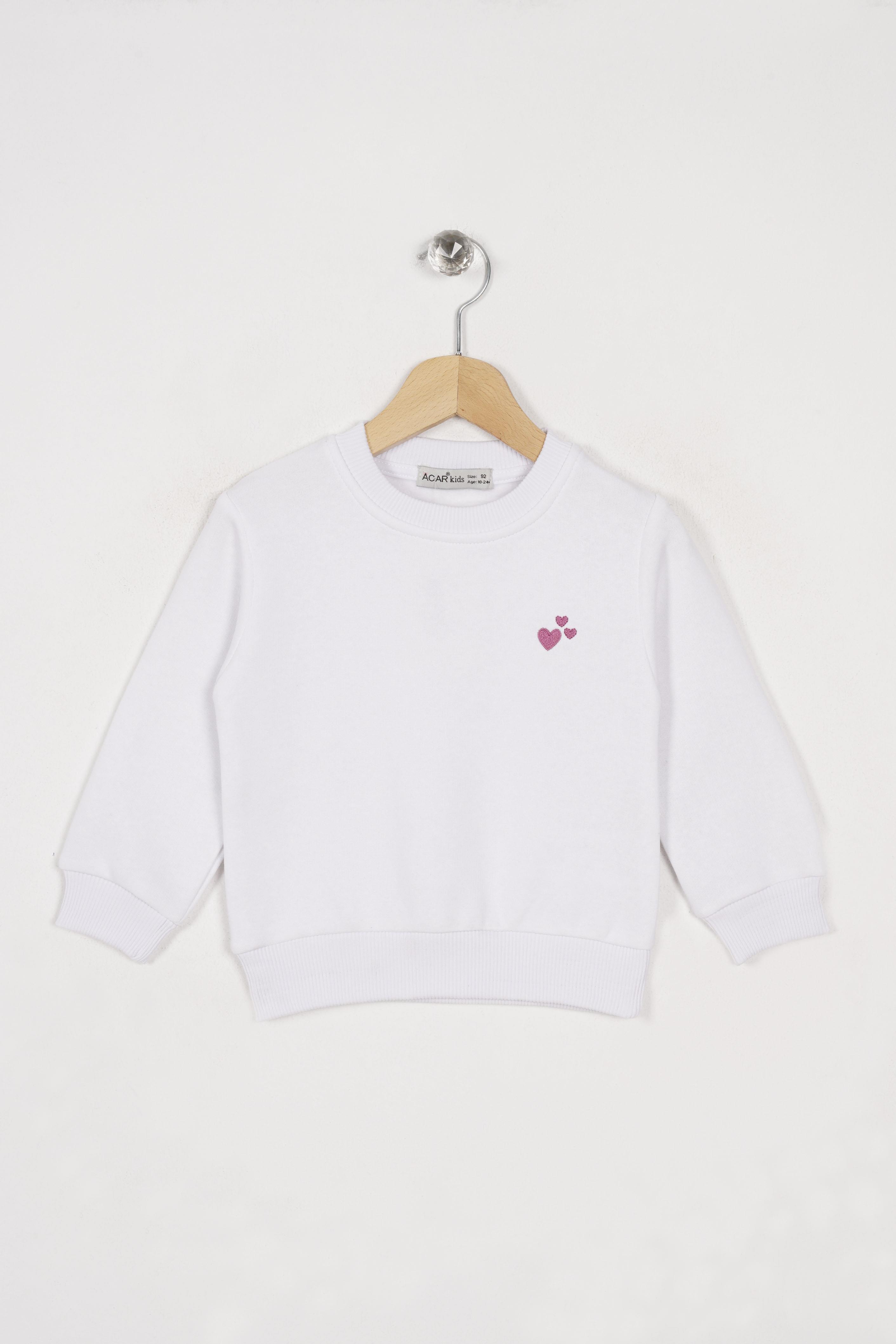Bisiklet Yaka Uzun Kol Kalp Nakışlı Şardonlu Kız Çocuk Beyaz Renk Sweatshirt