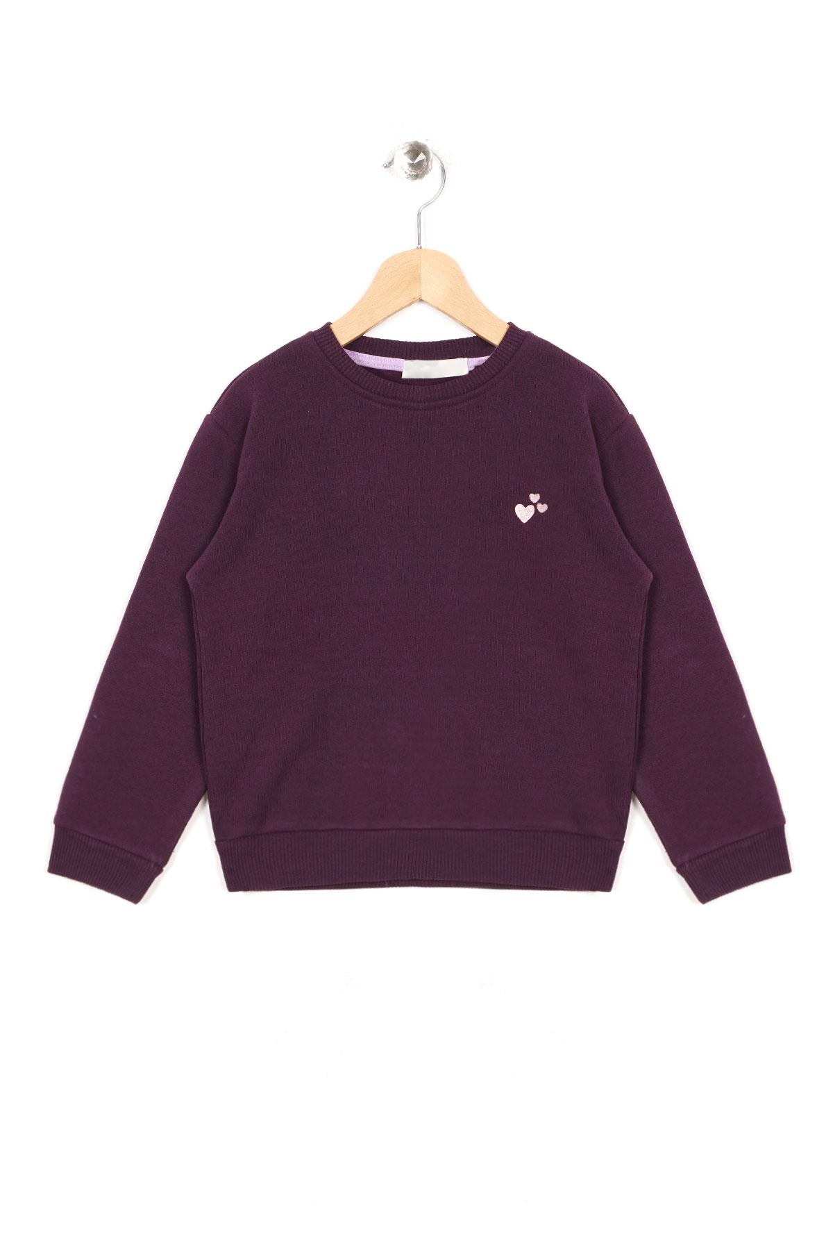 Bisiklet Yaka Uzun Kol Kalp Nakışlı Şardonlu Kız Çocuk Mürdüm Renk Sweatshirt