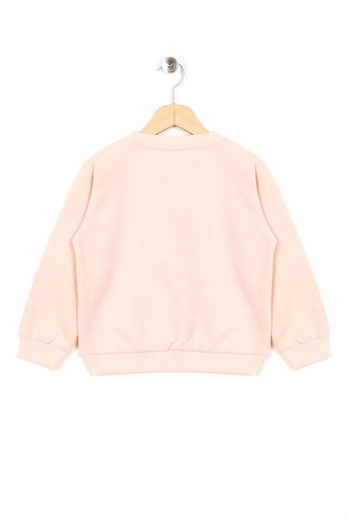 Bisiklet Yaka Uzun Kol Kalp Nakışlı Şardonlu Kız Çocuk Somon Renk Sweatshirt