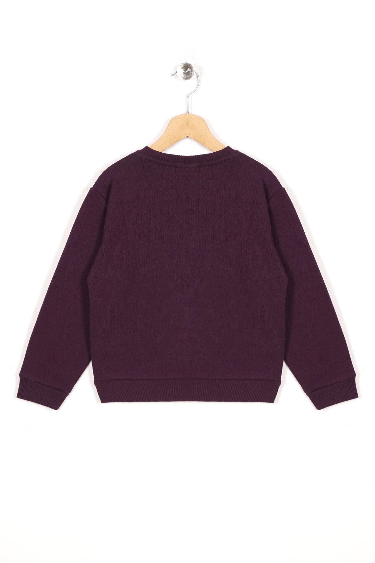 Bisiklet Yaka Uzun Kol Kalp Nakışlı Şardonlu Kız Çocuk Mürdüm Renk Sweatshirt