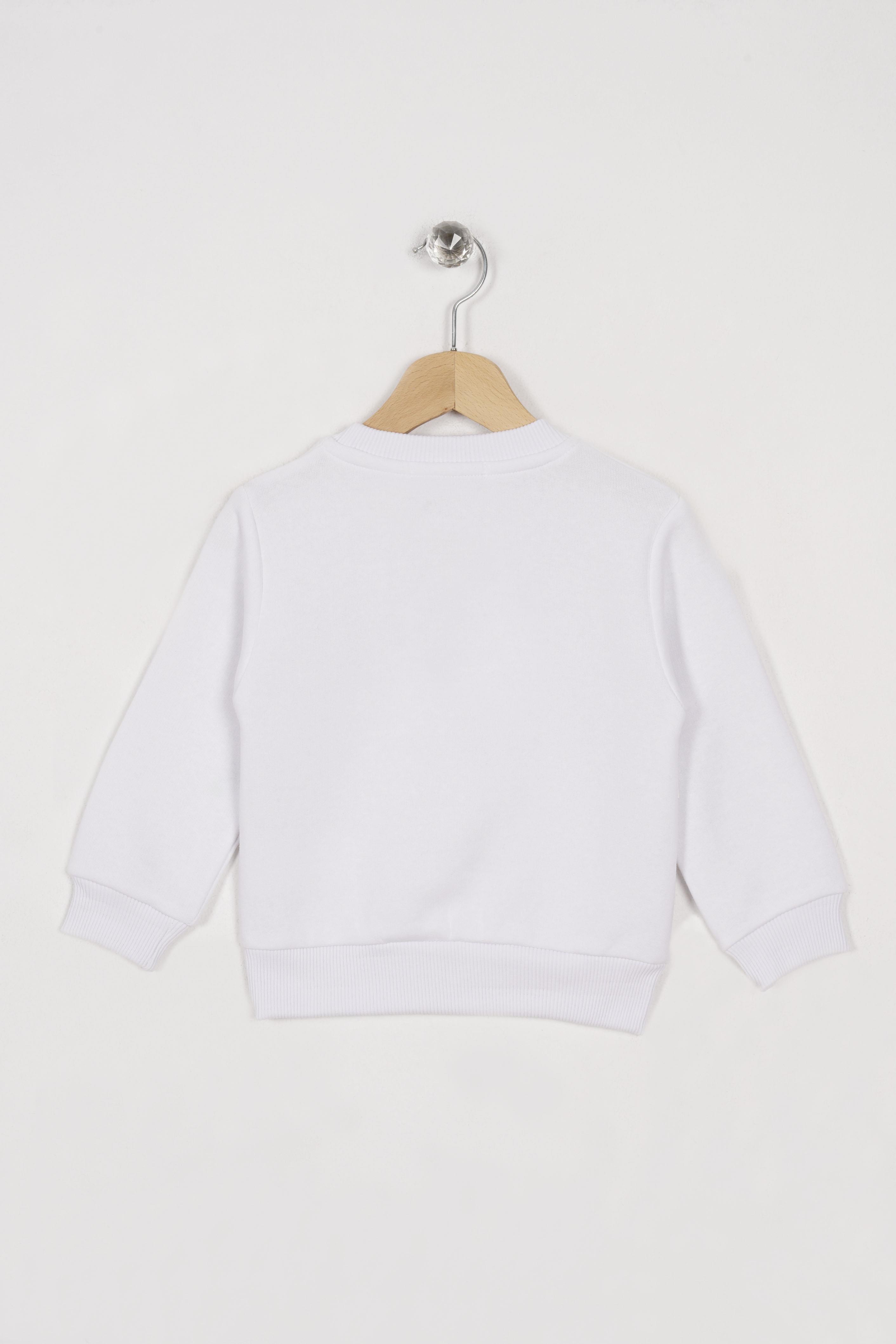 Bisiklet Yaka Uzun Kol Kalp Nakışlı Şardonlu Kız Çocuk Beyaz Renk Sweatshirt
