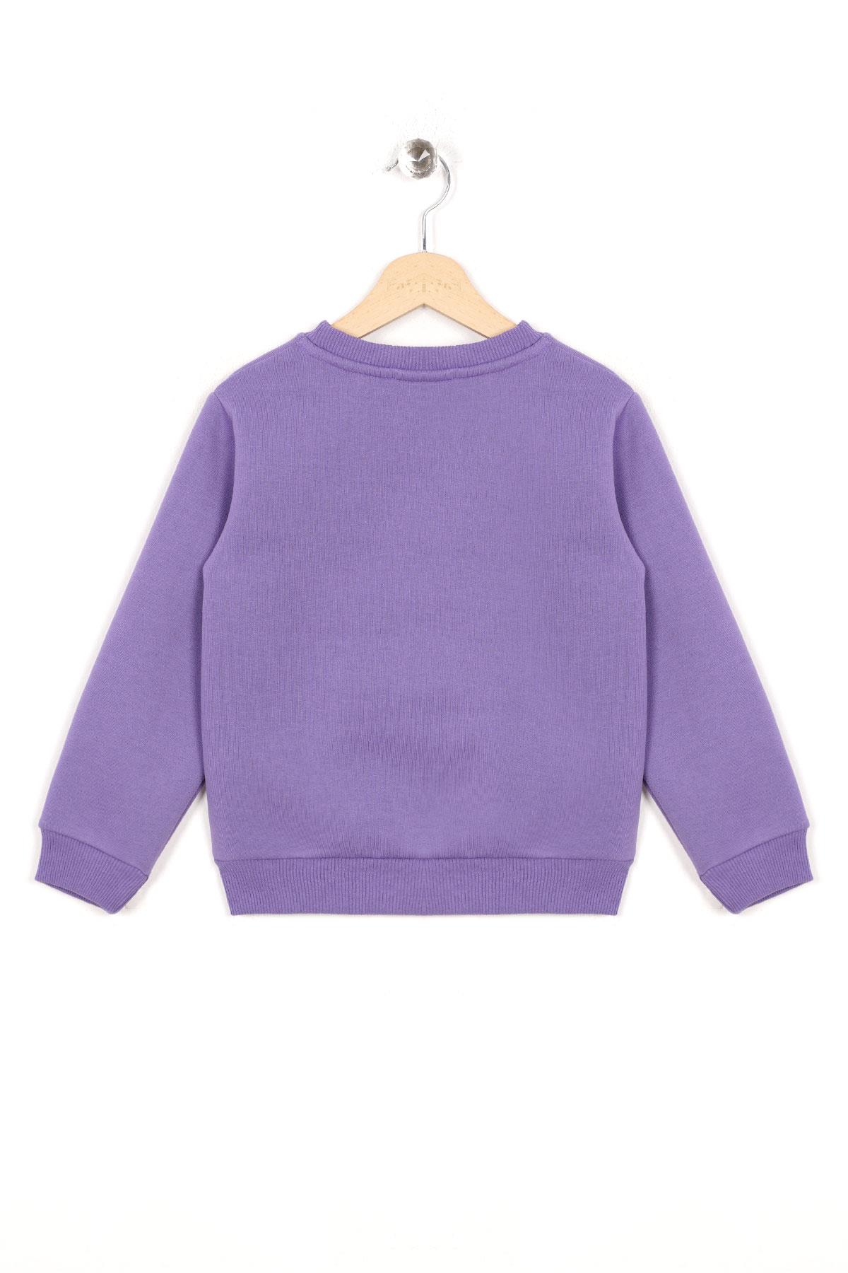 Bisiklet Yaka Uzun Kol Kalp Nakışlı Şardonlu Kız Çocuk Mor Renk Sweatshirt