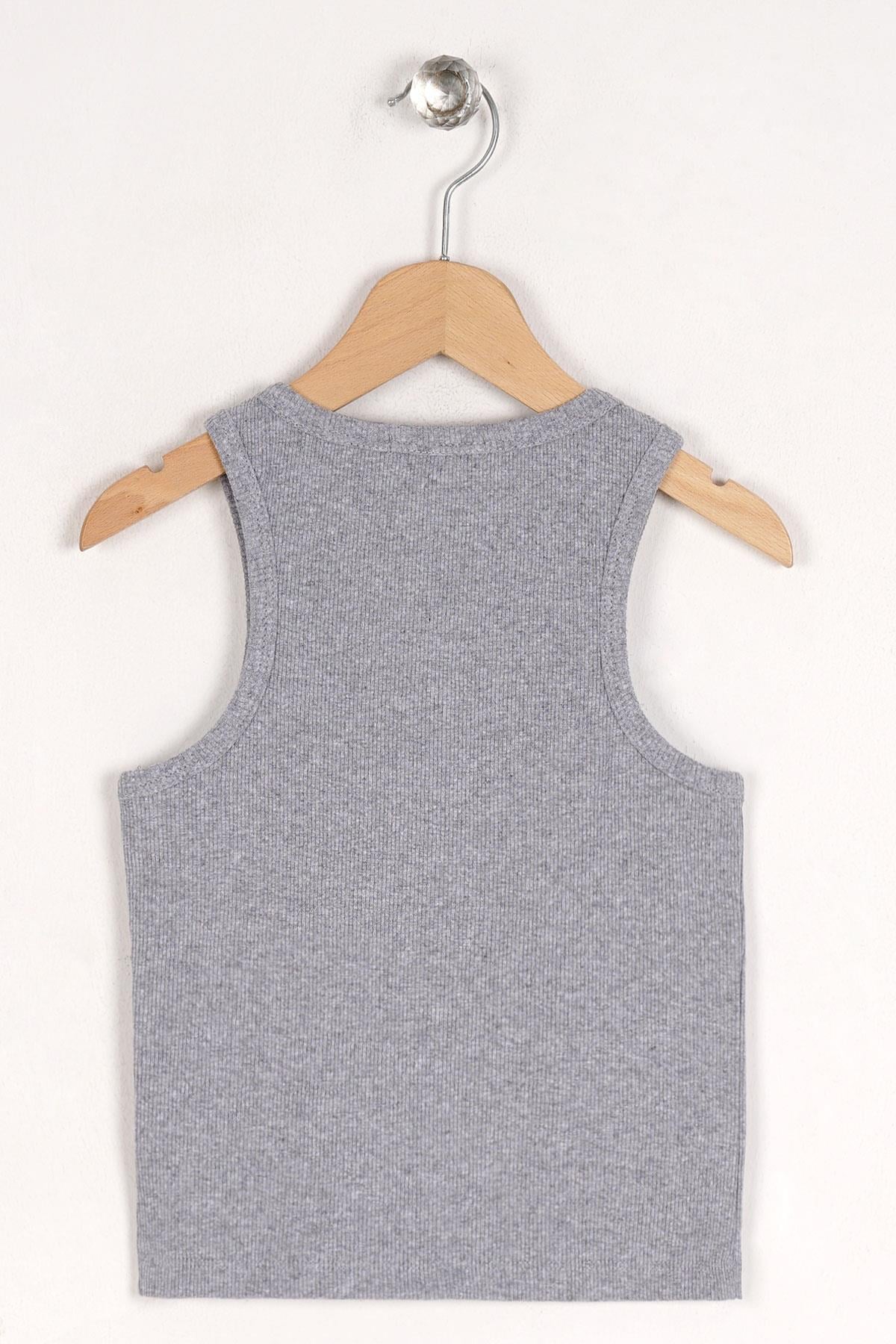 Bisiklet Yaka Sıfır Kol Gri Melanj Renk Kız Çocuk Taşlı Crop Tshirt