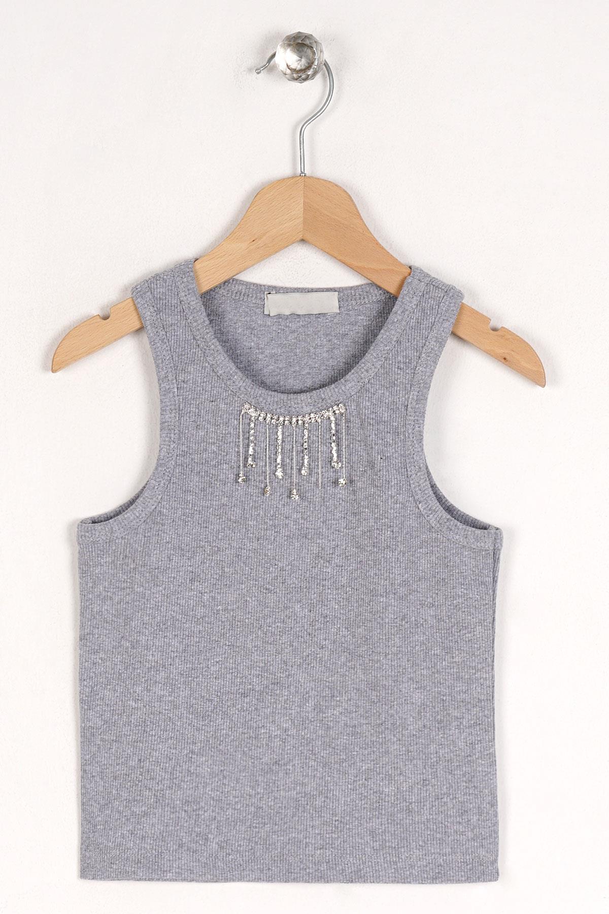 Bisiklet Yaka Sıfır Kol Gri Melanj Renk Kız Çocuk Taşlı Crop Tshirt