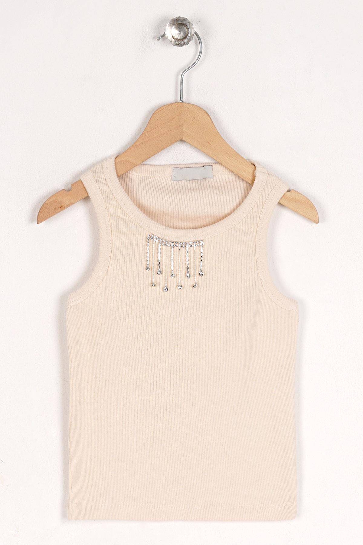 Bisiklet Yaka Sıfır Kol Bej Renk Kız Çocuk Taşlı Crop Tshirt