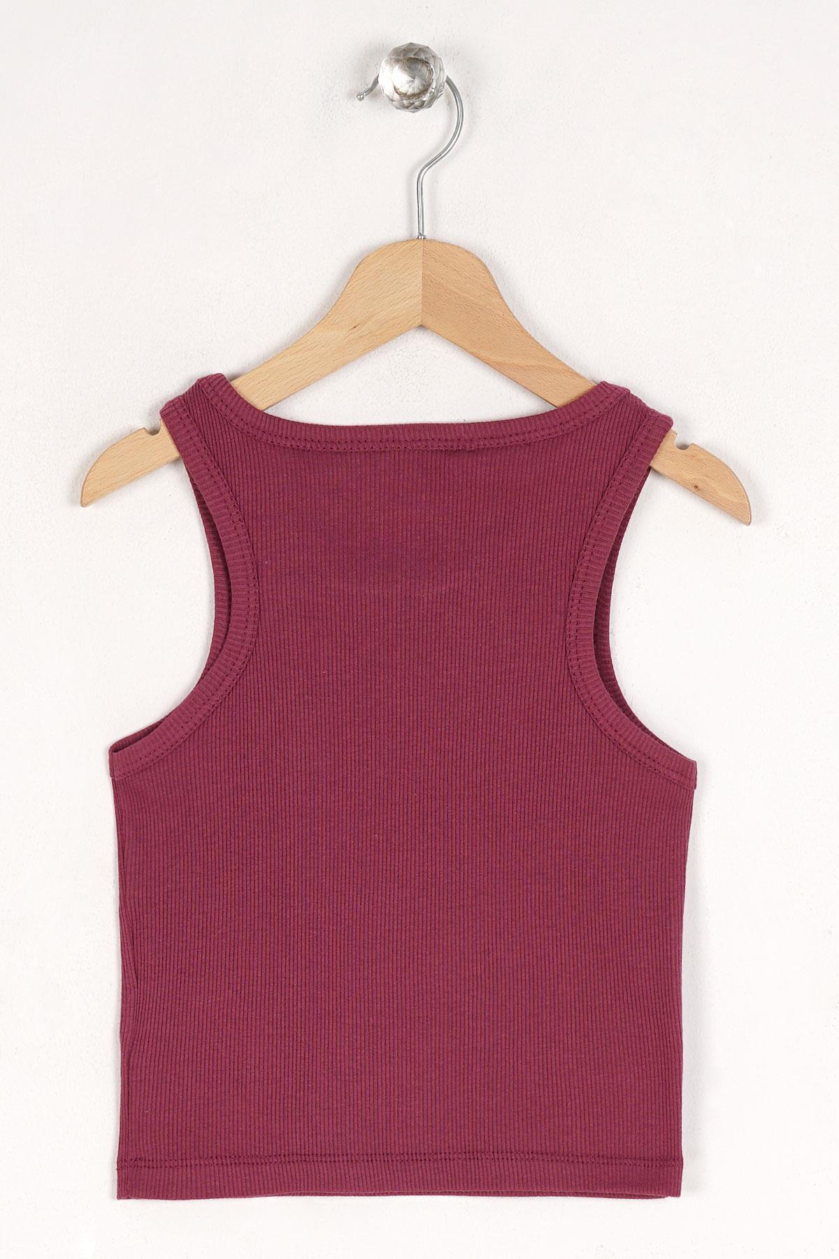 Bisiklet Yaka Sıfır Kol Mürdüm Renk Kız Çocuk Taşlı Crop Tshirt