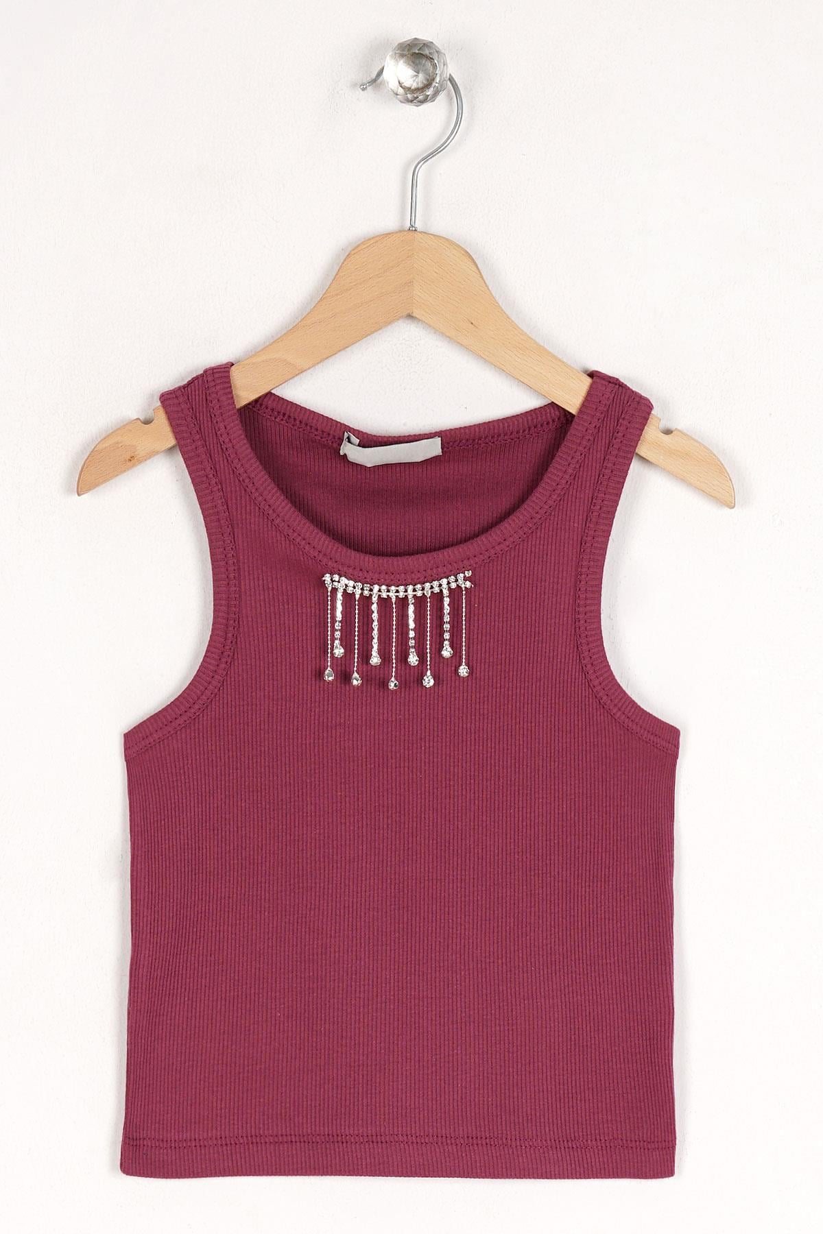 Bisiklet Yaka Sıfır Kol Mürdüm Renk Kız Çocuk Taşlı Crop Tshirt