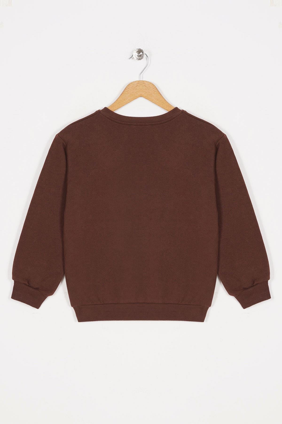 Bisiklet Yaka Uzun Kol Yesterday Yazı Baskılı Kahverengi Renk Kız Çocuk Sweatshirt