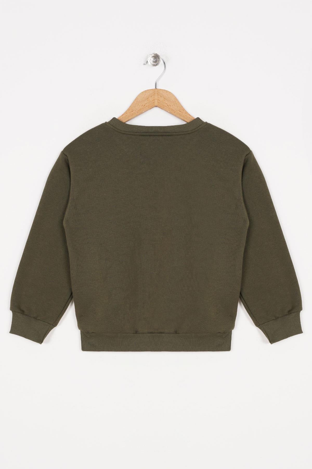 Bisiklet Yaka Uzun Kol Yesterday Yazı Baskılı Haki Renk Kız Çocuk Sweatshirt