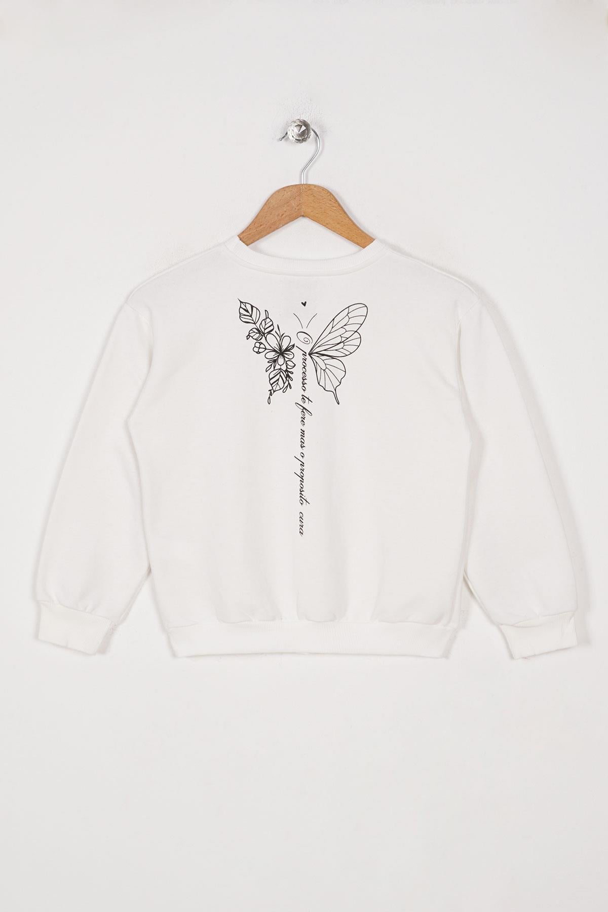 Bisiklet Yaka Uzun Kol Baskılı Ekru Renk Kız Çocuk Sweatshirt