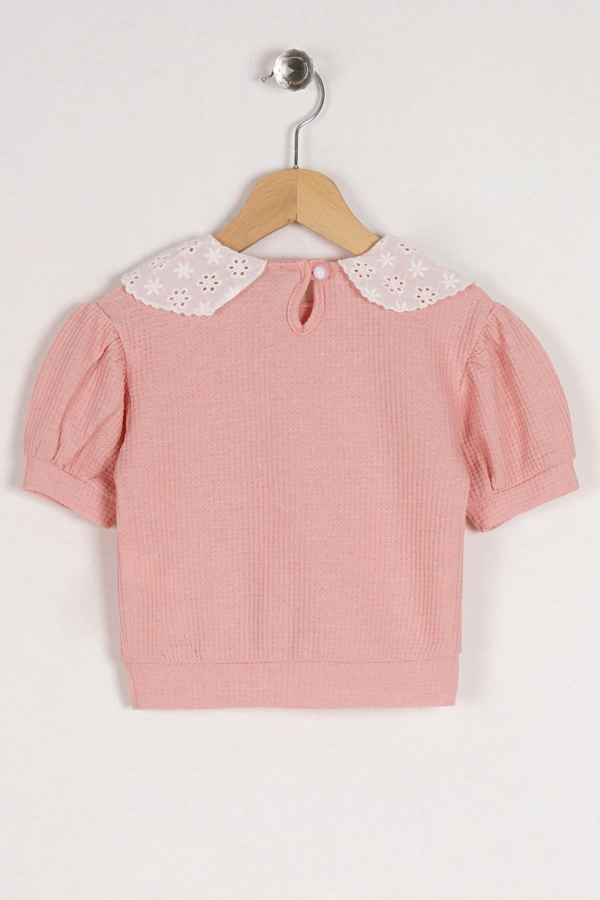Bebe Yaka Dantelli Mini Kareli Pudra Renk Kız Çocuk Tshirt