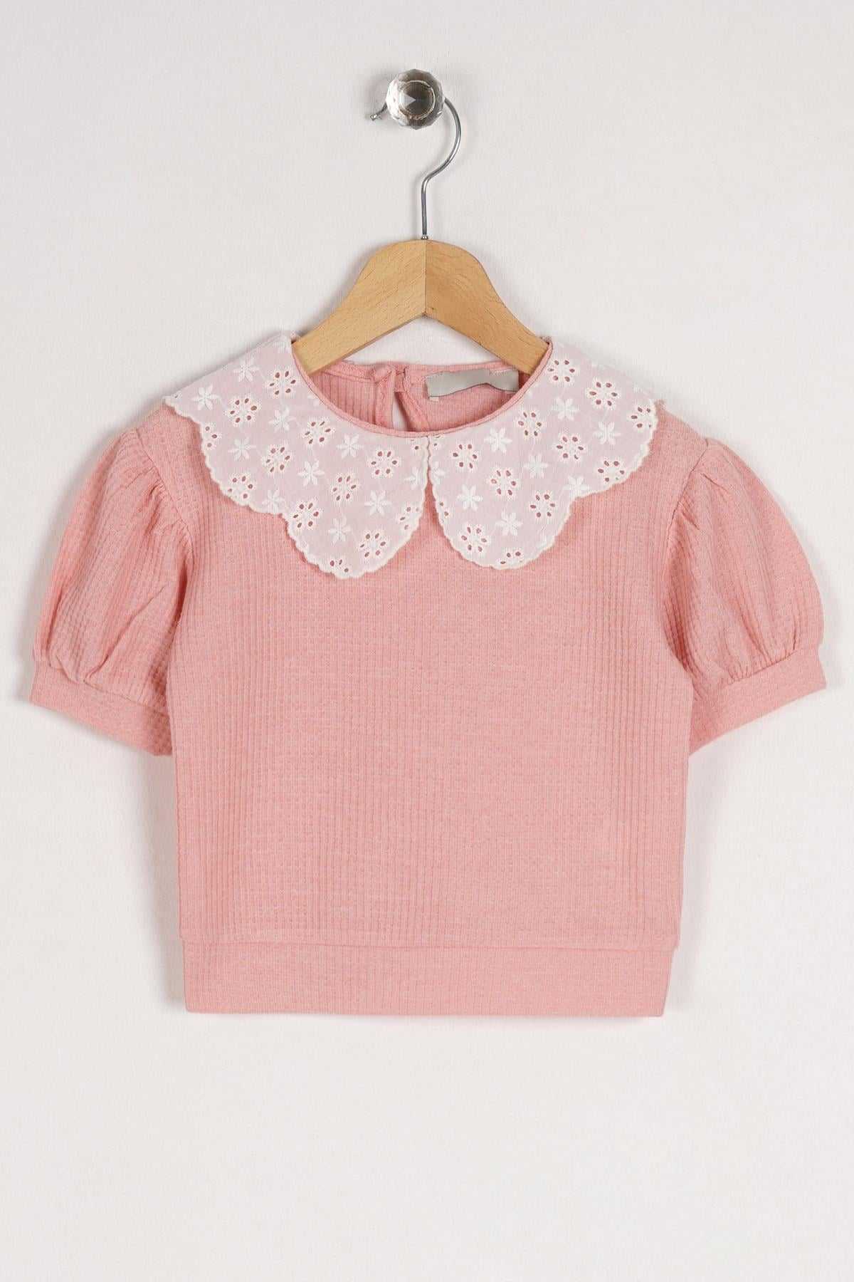 Bebe Yaka Dantelli Mini Kareli Pudra Renk Kız Çocuk Tshirt