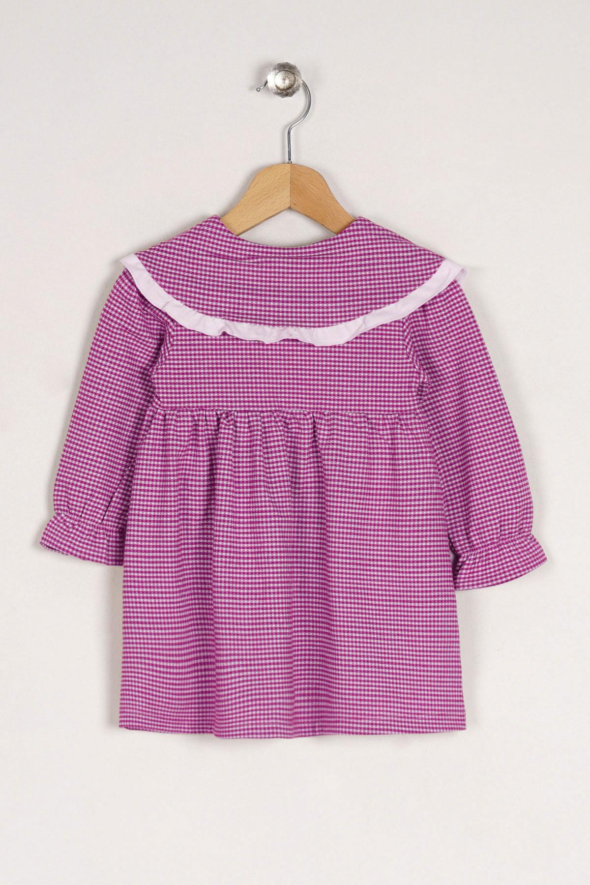 Bebe Yaka Uzun Kol Pötikareli Düğmeli Pembe Renk Kız Çocuk Elbise