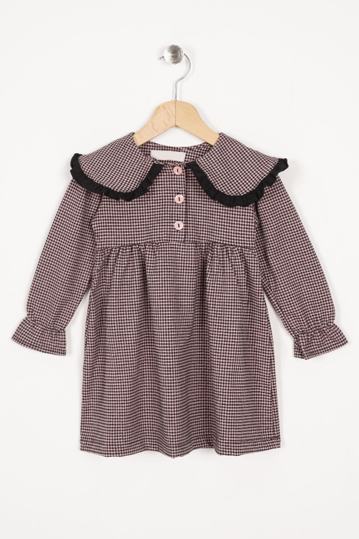 Bebe Yaka Uzun Kol Pötikareli Düğmeli Pudra Renk Kız Çocuk Elbise