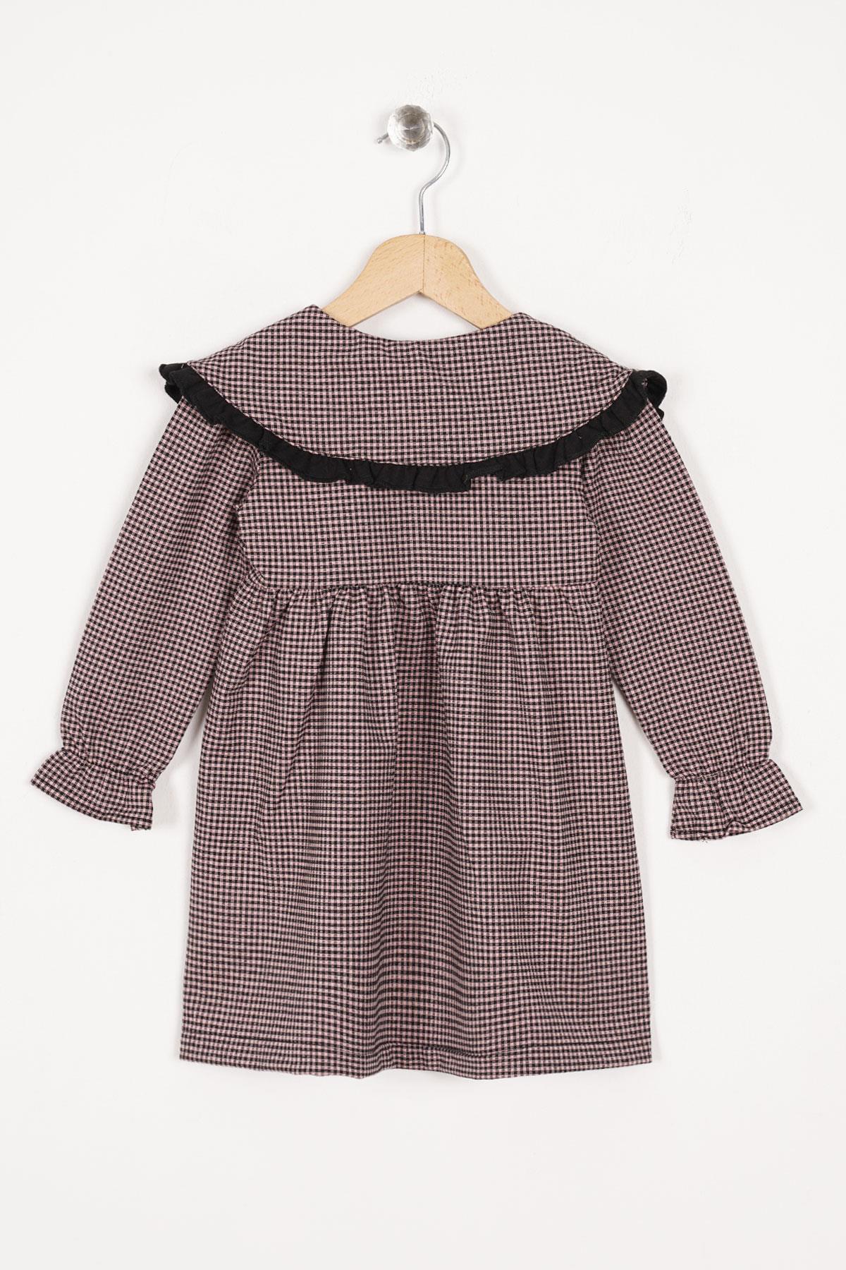 Bebe Yaka Uzun Kol Pötikareli Düğmeli Pudra Renk Kız Çocuk Elbise