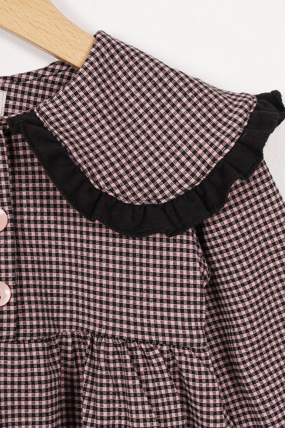 Bebe Yaka Uzun Kol Pötikareli Düğmeli Pudra Renk Kız Çocuk Elbise