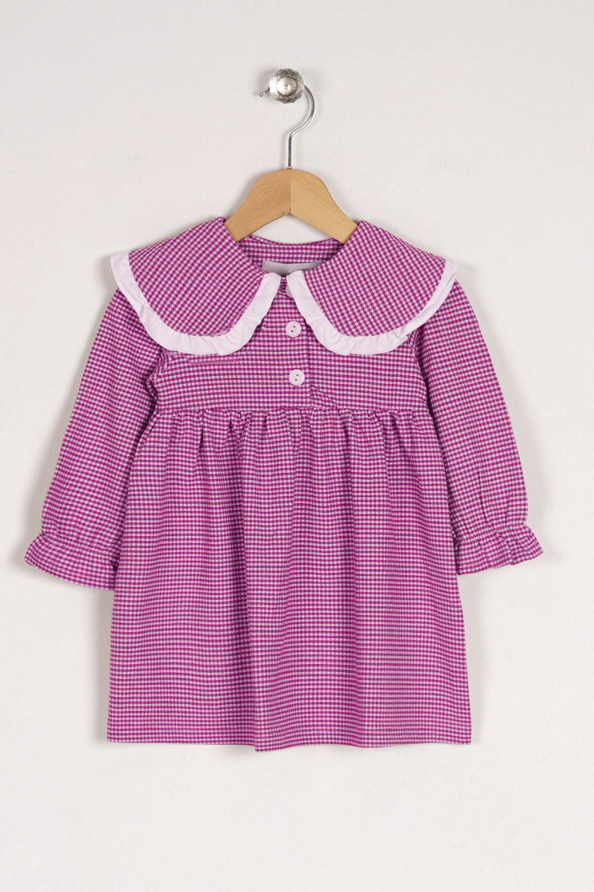 Bebe Yaka Uzun Kol Pötikareli Düğmeli Pembe Renk Kız Çocuk Elbise