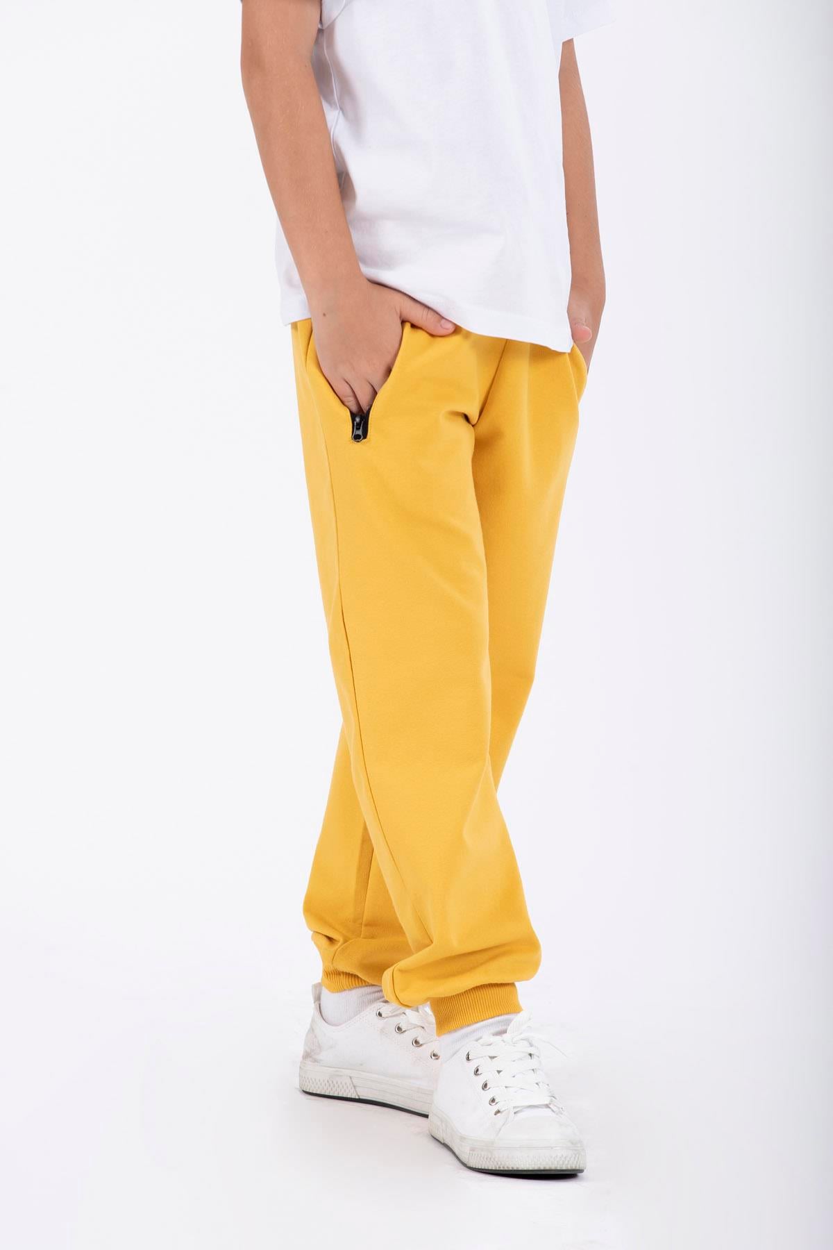 Bel Paca Lastikli Ceplerı Fermuarlı Hardal Renk Erkek Çocuk Eşofman Tek Alt