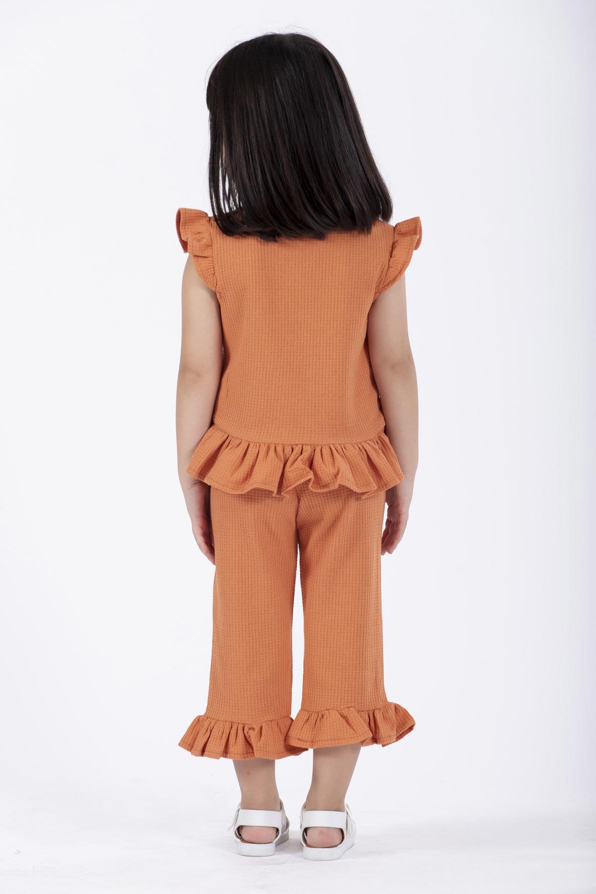 Bisiklet Yaka Kısa Kol Waffel Paca Fırfırlı Ikılı Takım Kiremit Renk Kız Çocuk Ikılı Takım