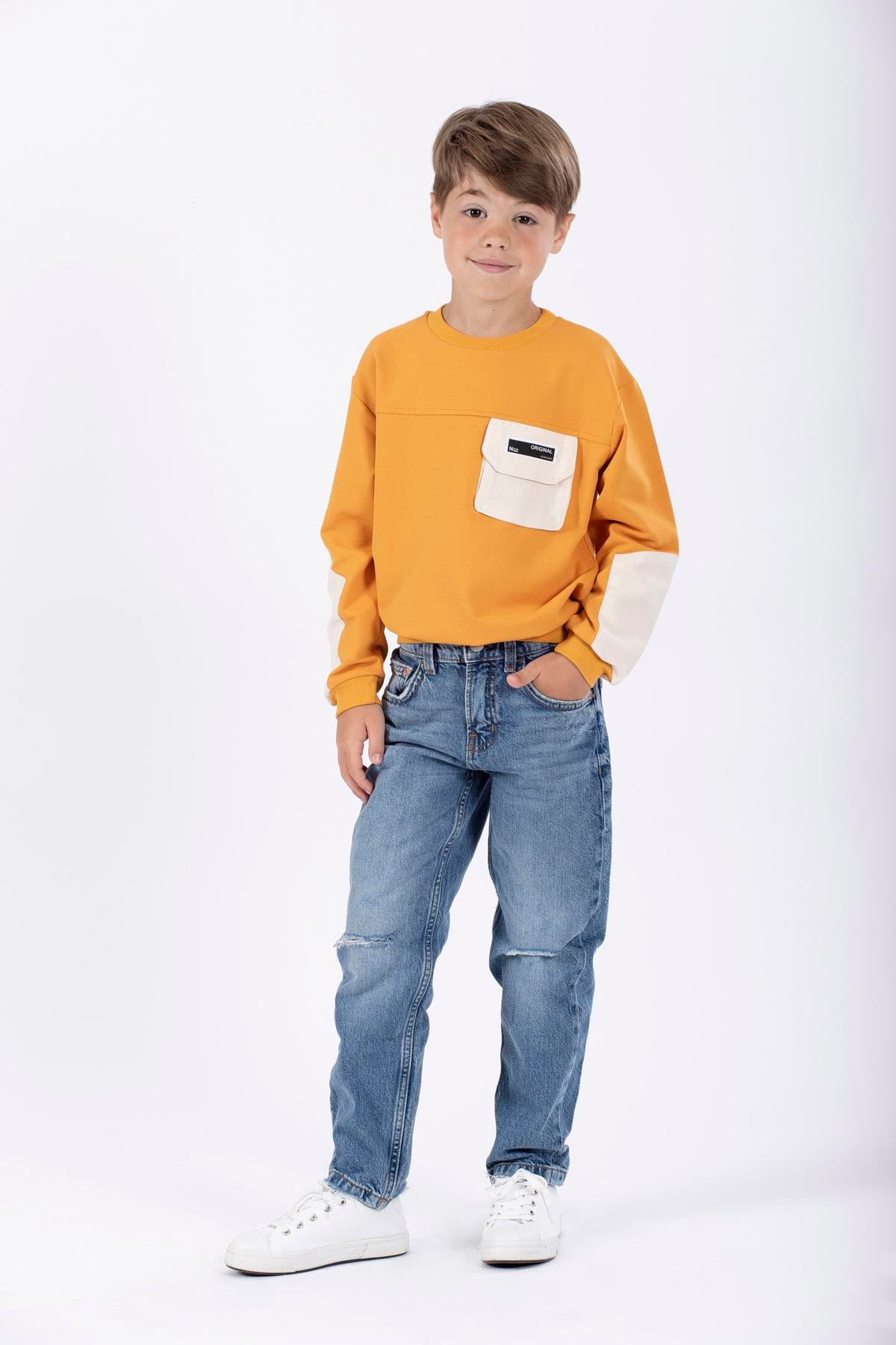 Bisiklet Yaka Uzun Kol Cep Detaylı Sweat Hardal Renk Erkek Çocuk Sweatshirt