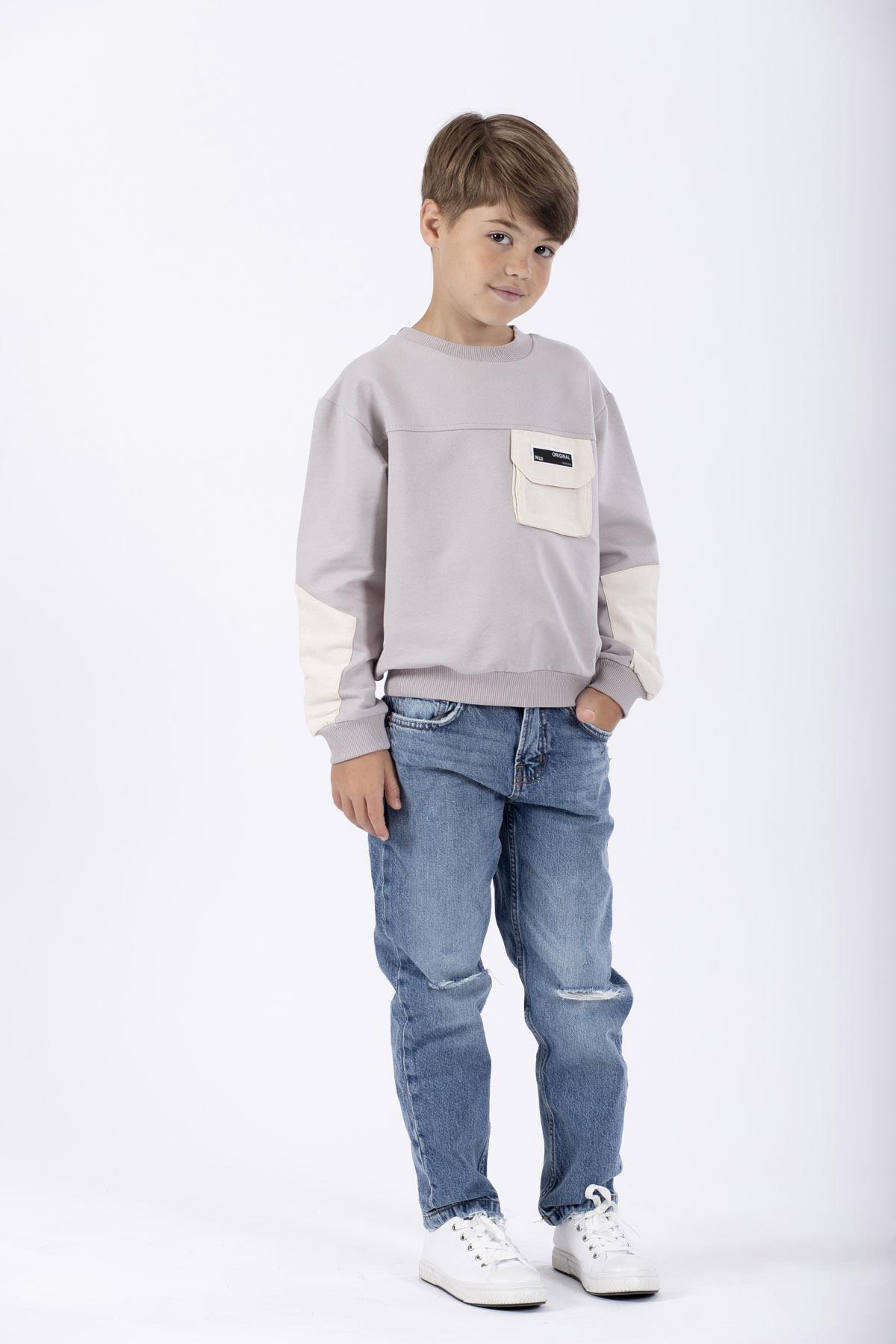 Bisiklet Yaka Uzun Kol Cep Detaylı Sweat Taş Rengi Erkek Çocuk Sweatshirt