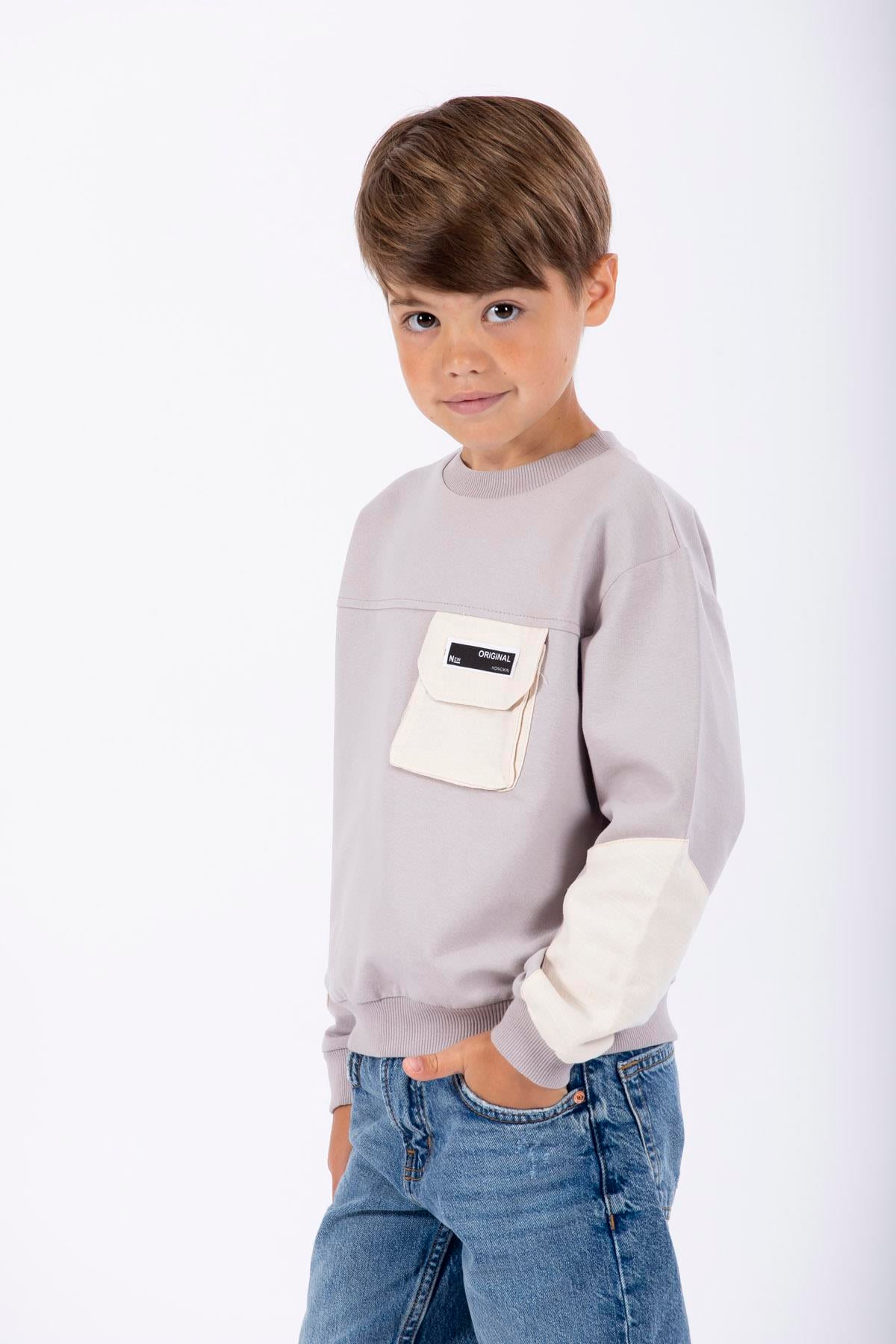 Bisiklet Yaka Uzun Kol Cep Detaylı Sweat Taş Rengi Erkek Çocuk Sweatshirt