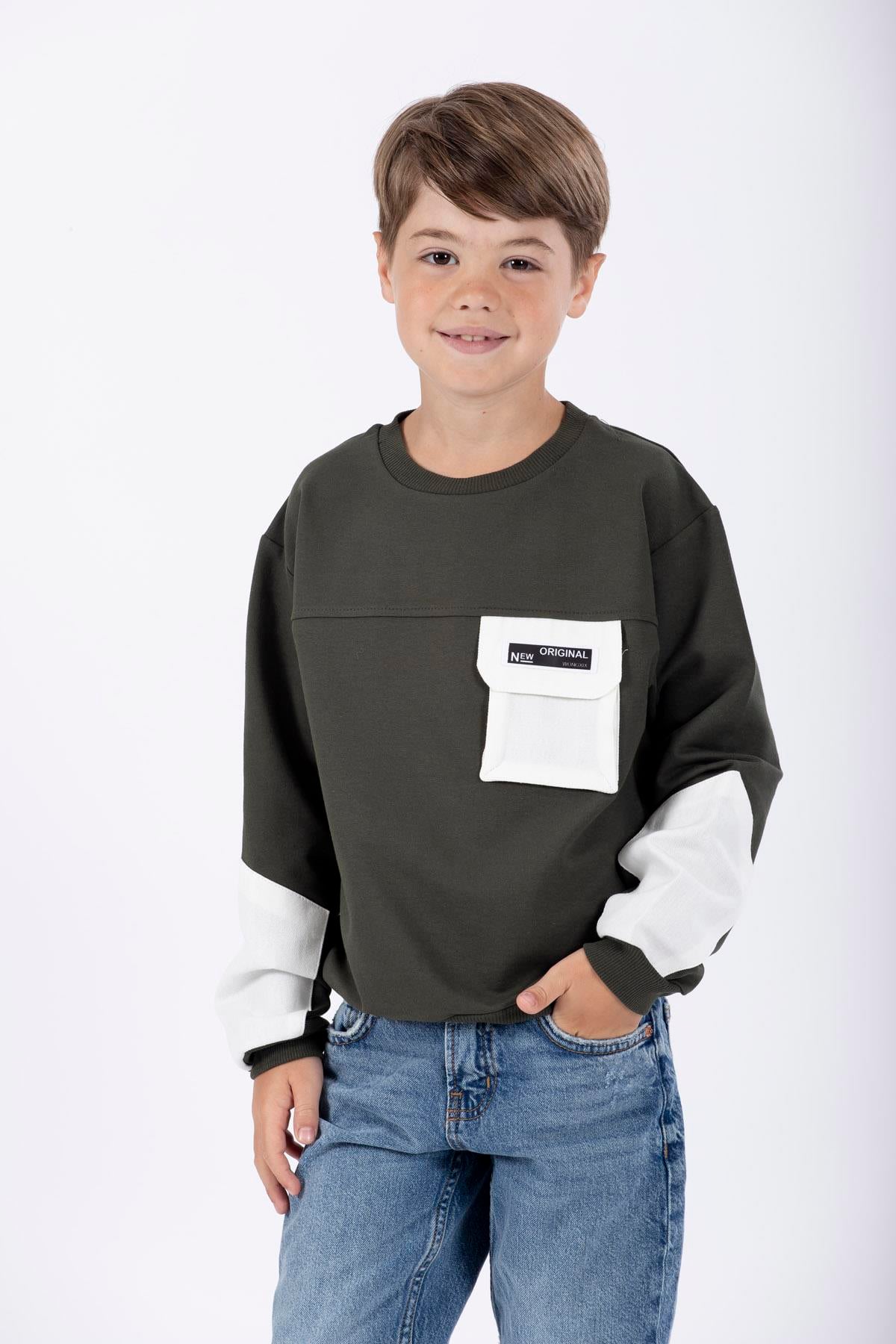 Bisiklet Yaka Uzun Kol Cep Detaylı Sweat Haki Renk Erkek Çocuk Sweatshirt