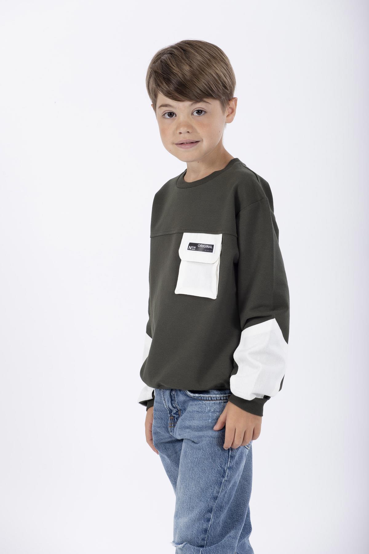 Bisiklet Yaka Uzun Kol Cep Detaylı Sweat Haki Renk Erkek Çocuk Sweatshirt