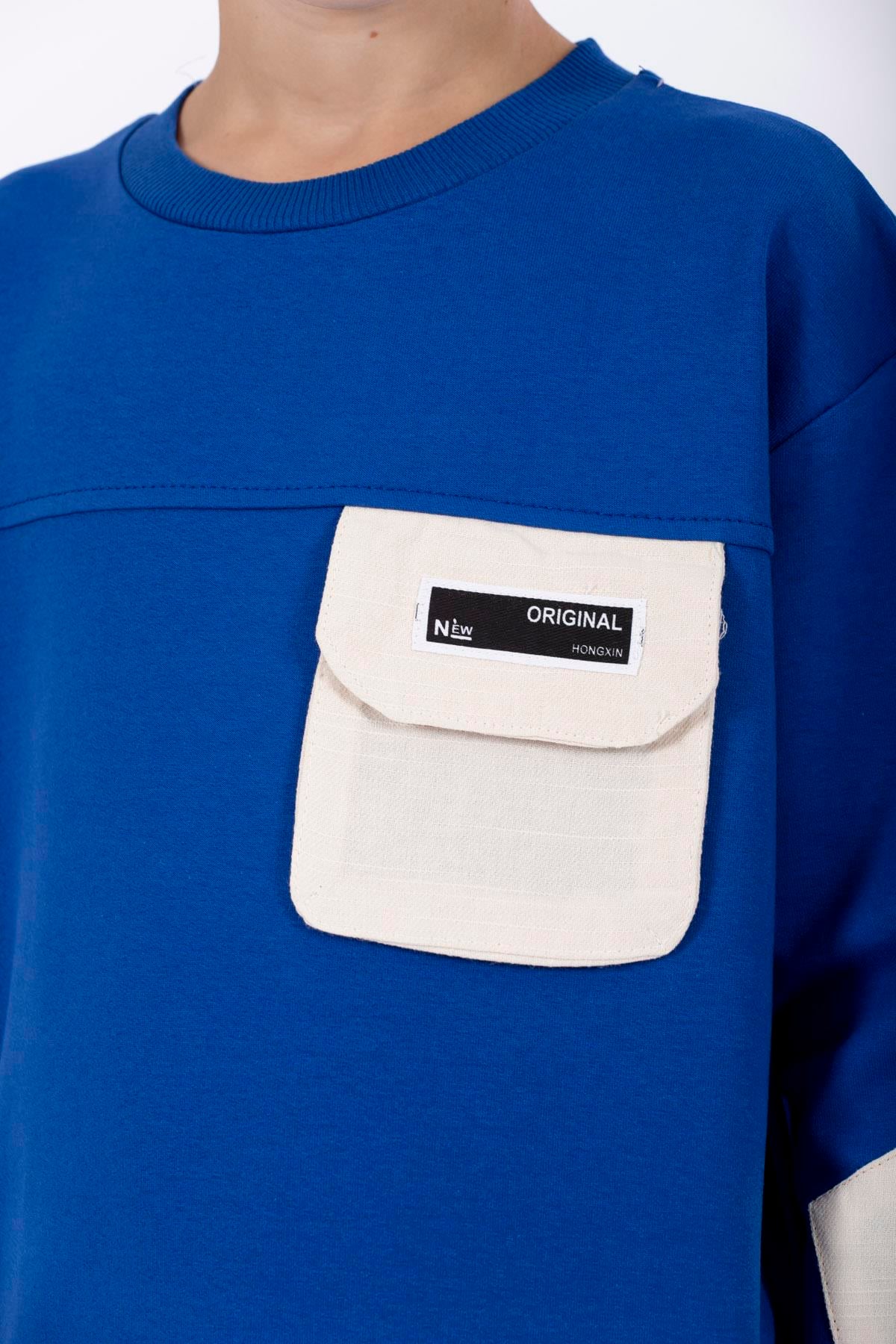 Bisiklet Yaka Uzun Kol Cep Detaylı Sweat Saks Renk Erkek Çocuk Sweatshirt