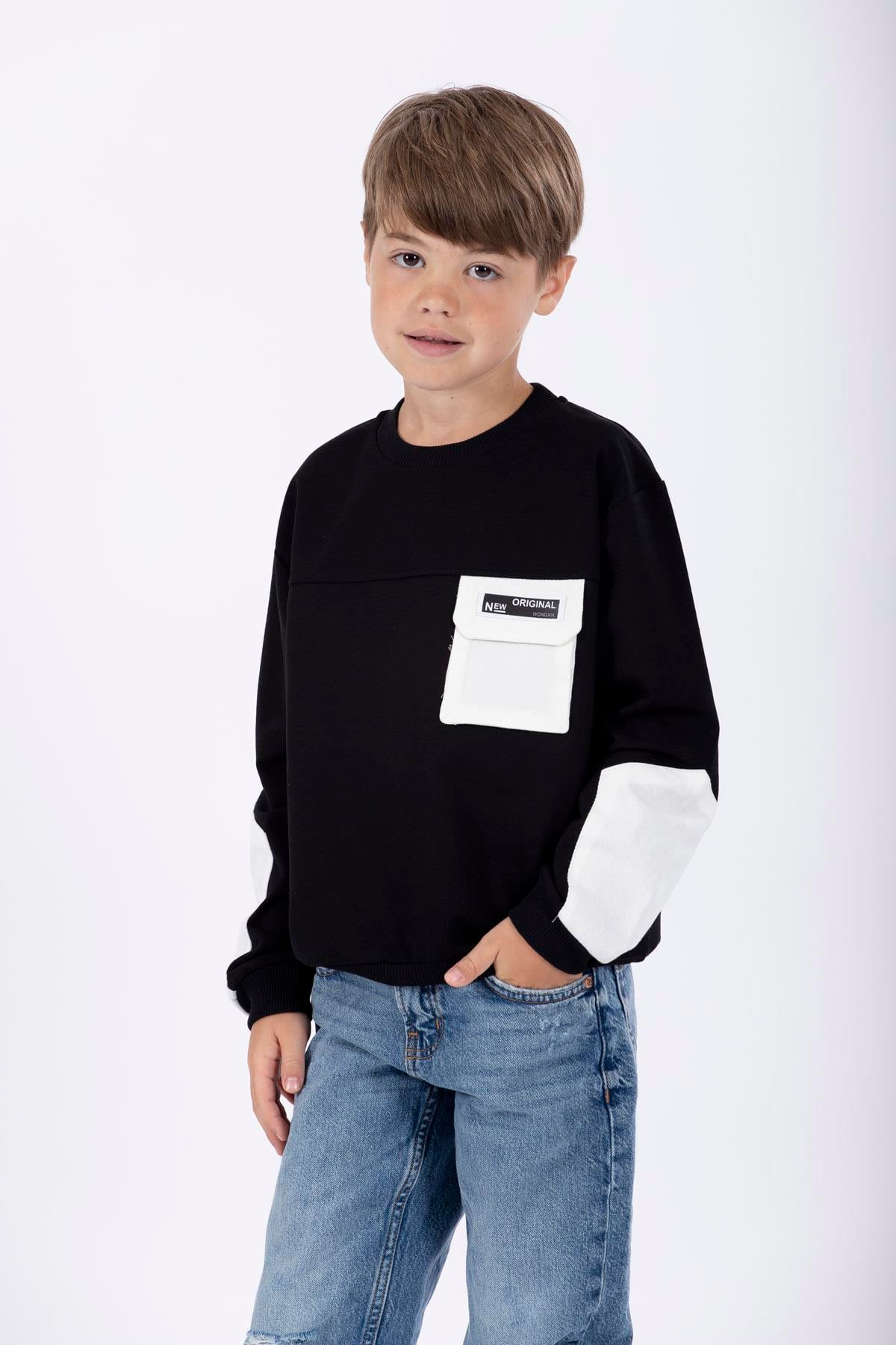 Bisiklet Yaka Uzun Kol Cep Detaylı Sweat Siyah Renk Erkek Çocuk Sweatshirt