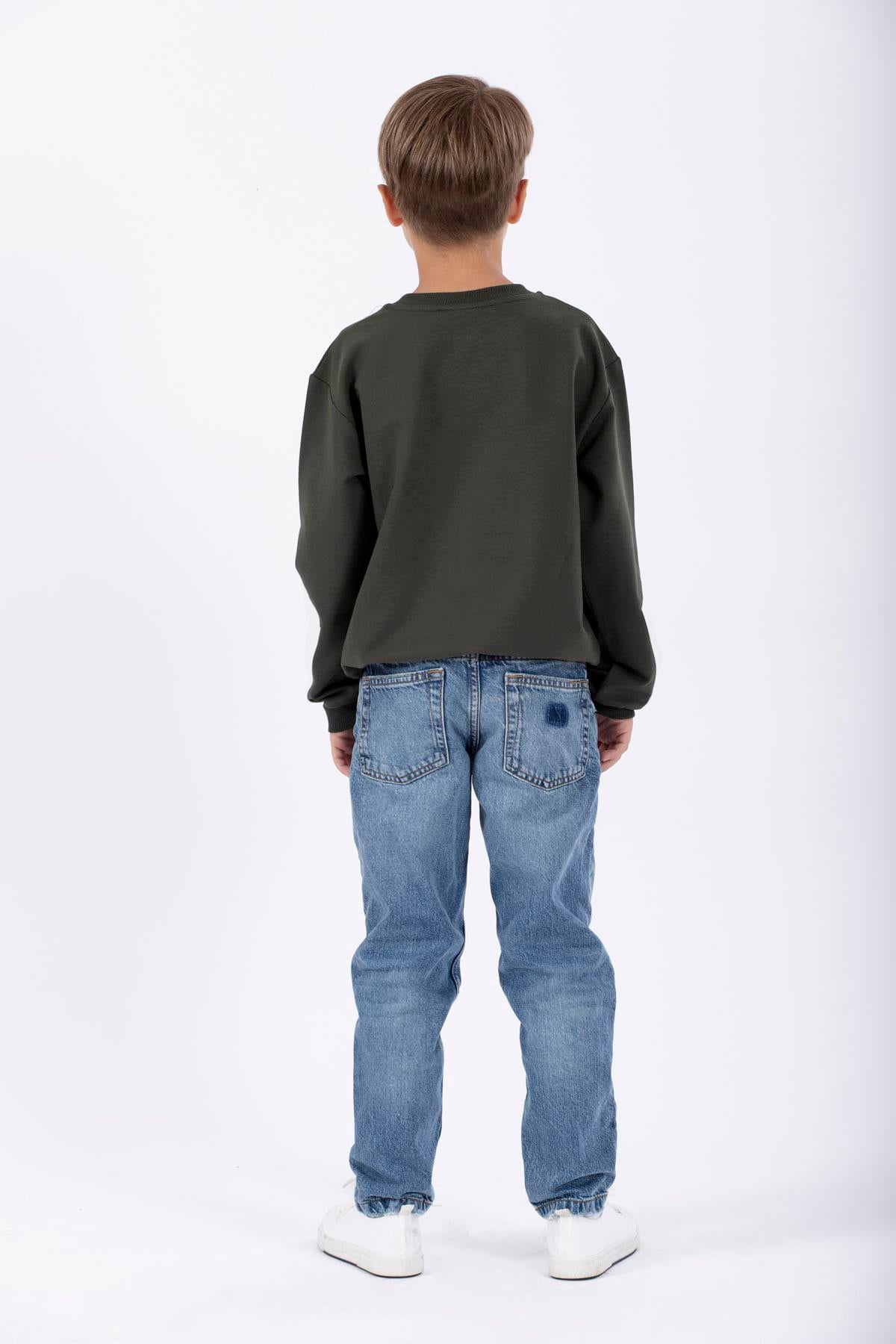 Bisiklet Yaka Uzun Kol Cep Detaylı Sweat Haki Renk Erkek Çocuk Sweatshirt