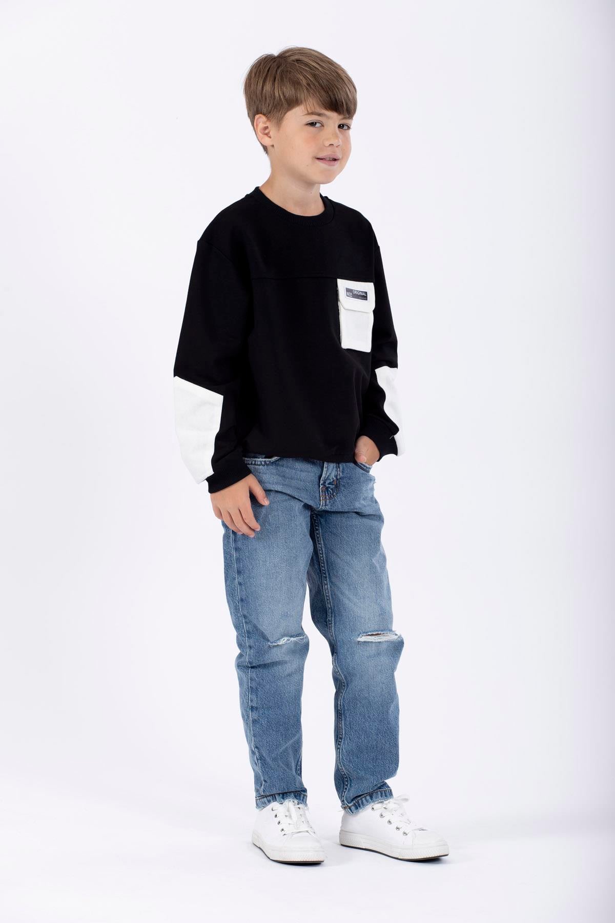 Bisiklet Yaka Uzun Kol Cep Detaylı Sweat Siyah Renk Erkek Çocuk Sweatshirt