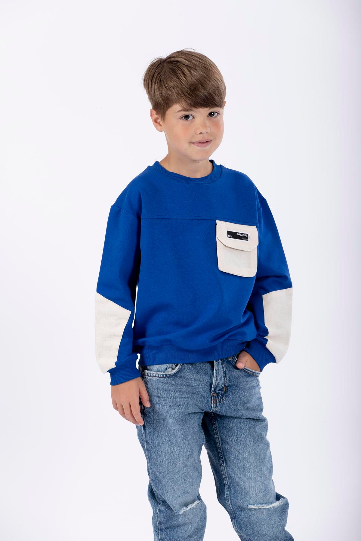 Bisiklet Yaka Uzun Kol Cep Detaylı Sweat Saks Renk Erkek Çocuk Sweatshirt