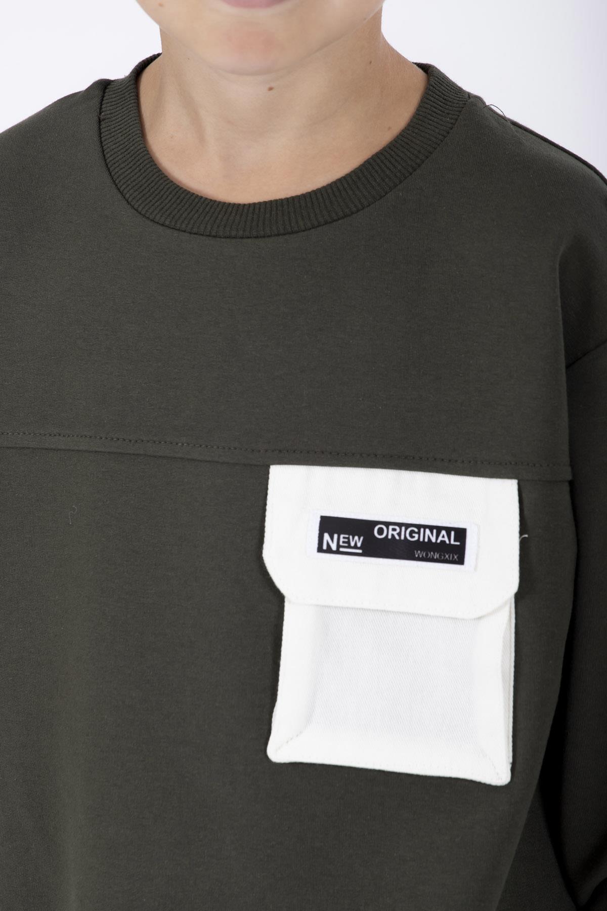 Bisiklet Yaka Uzun Kol Cep Detaylı Sweat Haki Renk Erkek Çocuk Sweatshirt