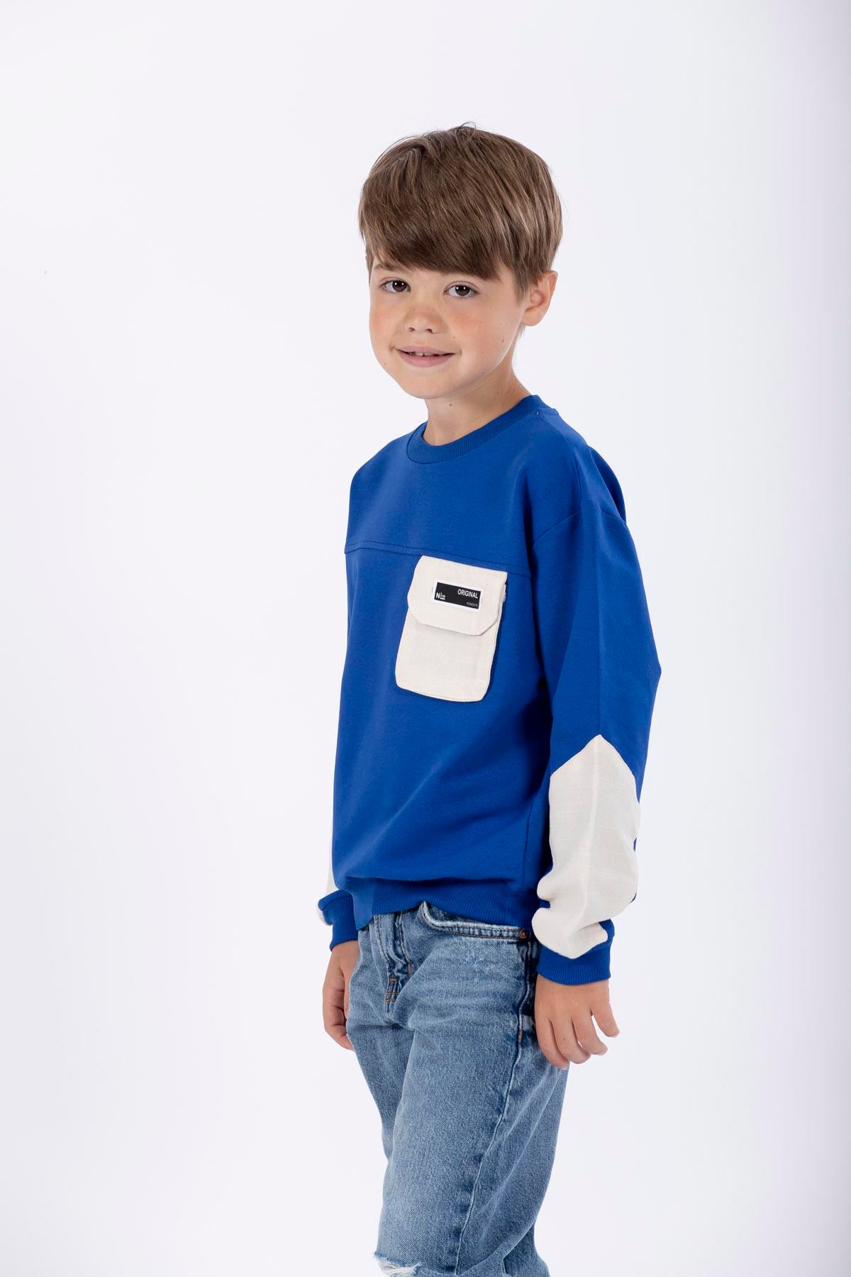 Bisiklet Yaka Uzun Kol Cep Detaylı Sweat Saks Renk Erkek Çocuk Sweatshirt