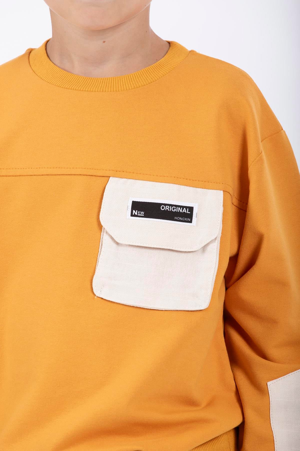 Bisiklet Yaka Uzun Kol Cep Detaylı Sweat Hardal Renk Erkek Çocuk Sweatshirt