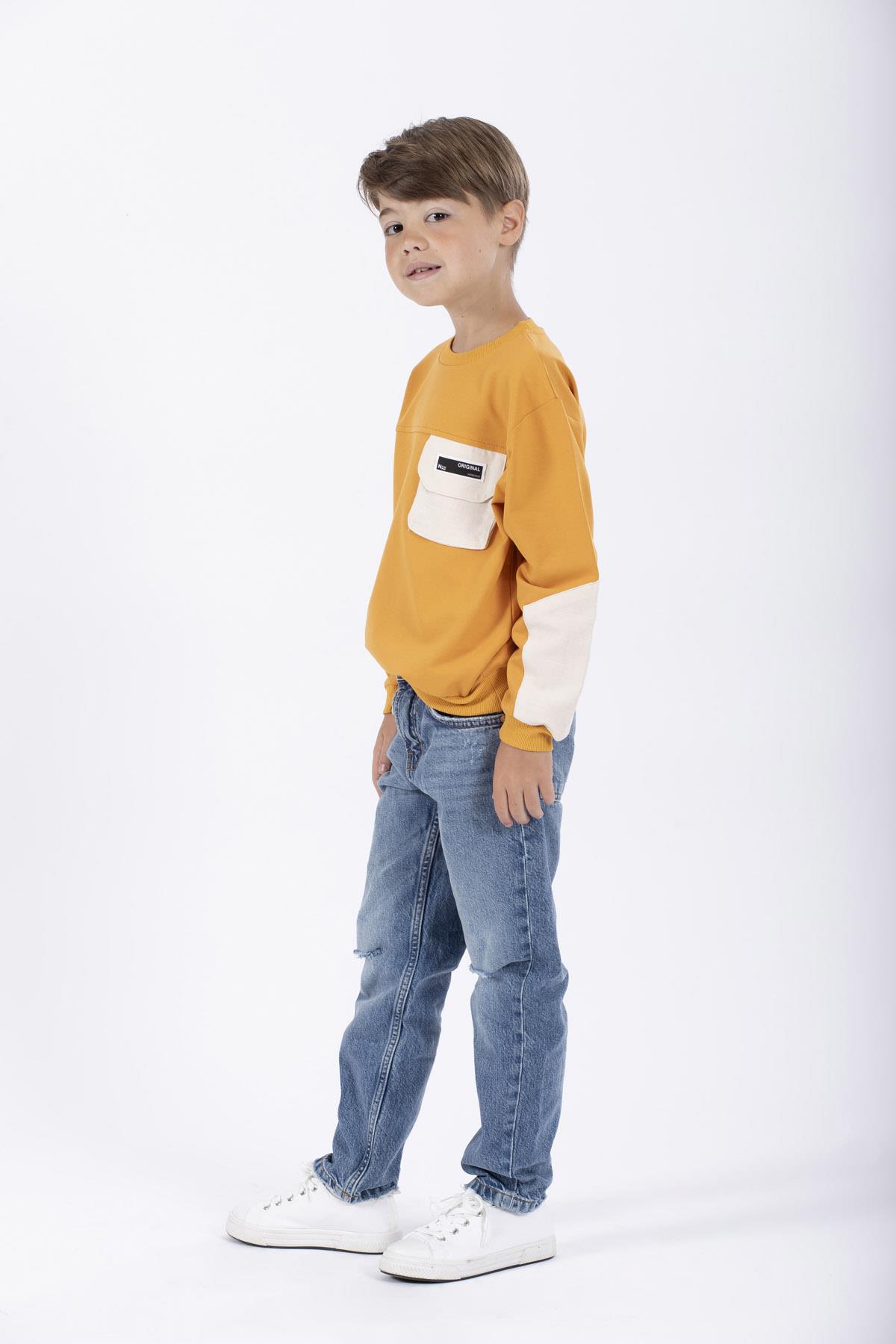 Bisiklet Yaka Uzun Kol Cep Detaylı Sweat Hardal Renk Erkek Çocuk Sweatshirt