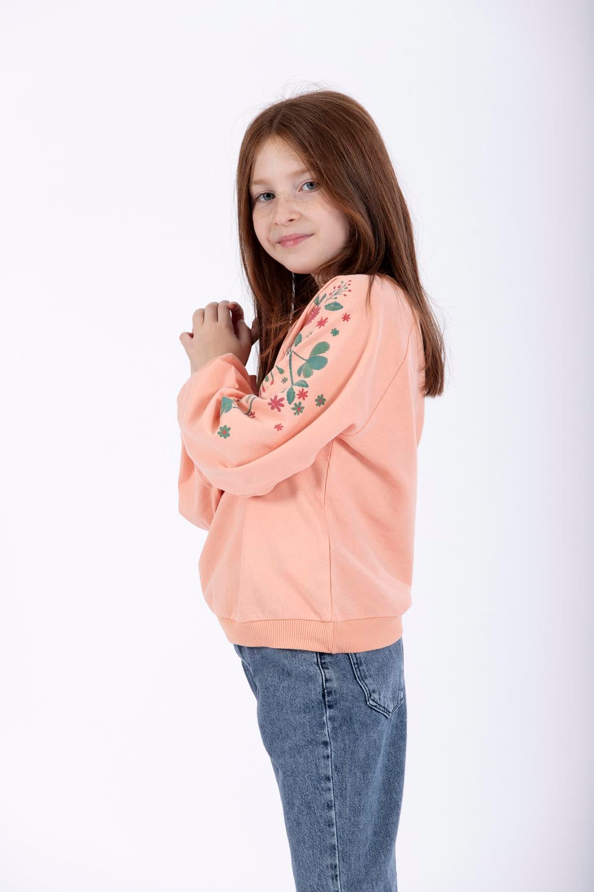 Bisiklet Yaka Uzun Kol Çiçek Baskılı Somon Renk Kız Çocuk Sweatshirt