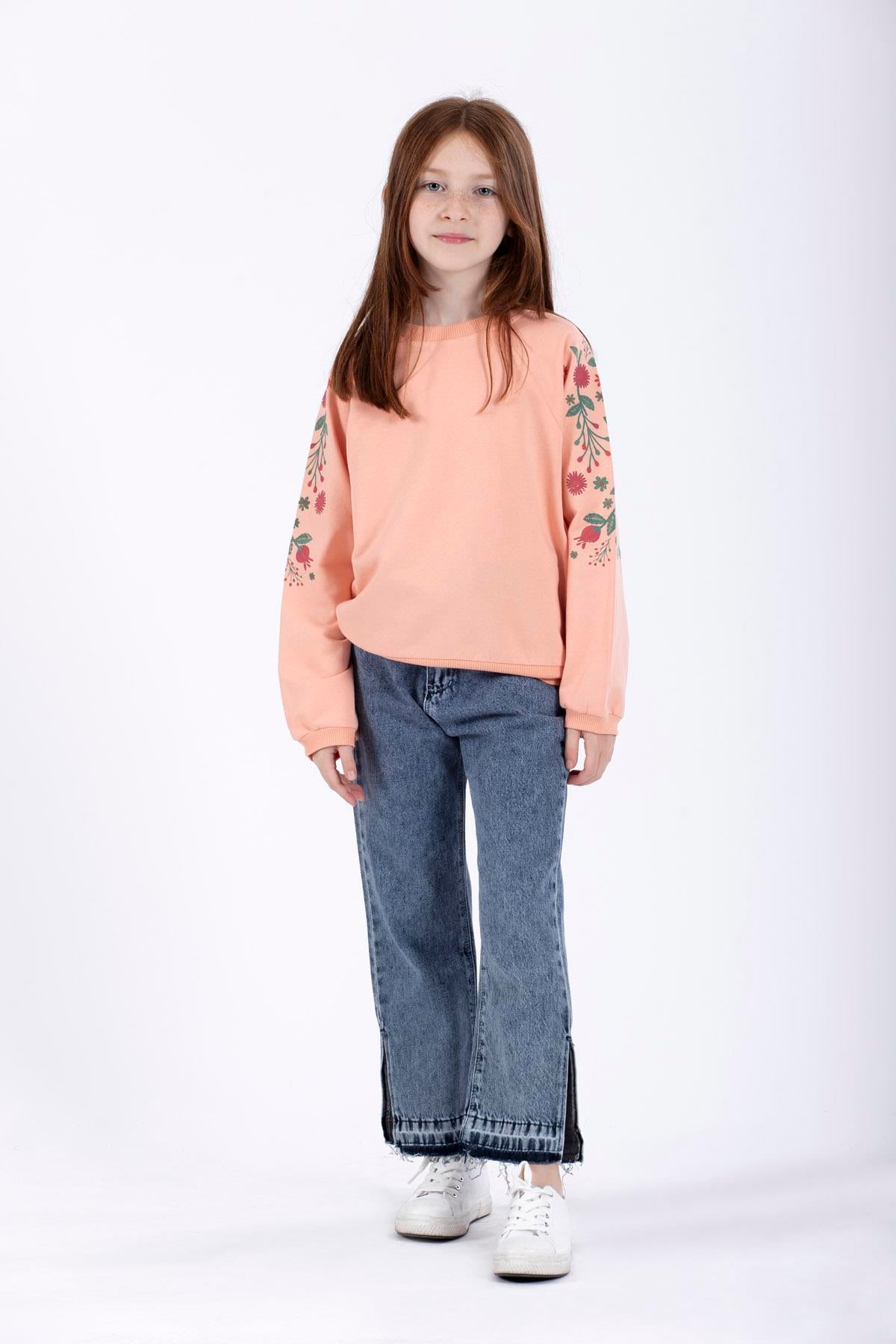 Bisiklet Yaka Uzun Kol Çiçek Baskılı Somon Renk Kız Çocuk Sweatshirt