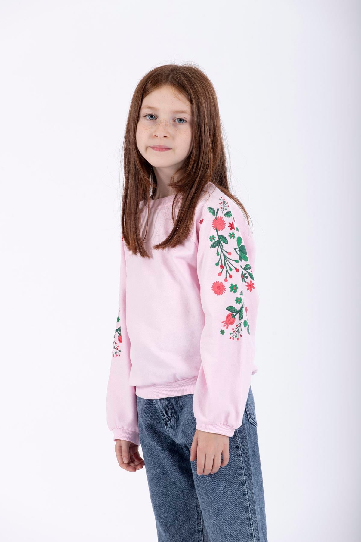 Bisiklet Yaka Uzun Kol Çiçek Baskılı Pudra Renk Kız Çocuk Sweatshirt