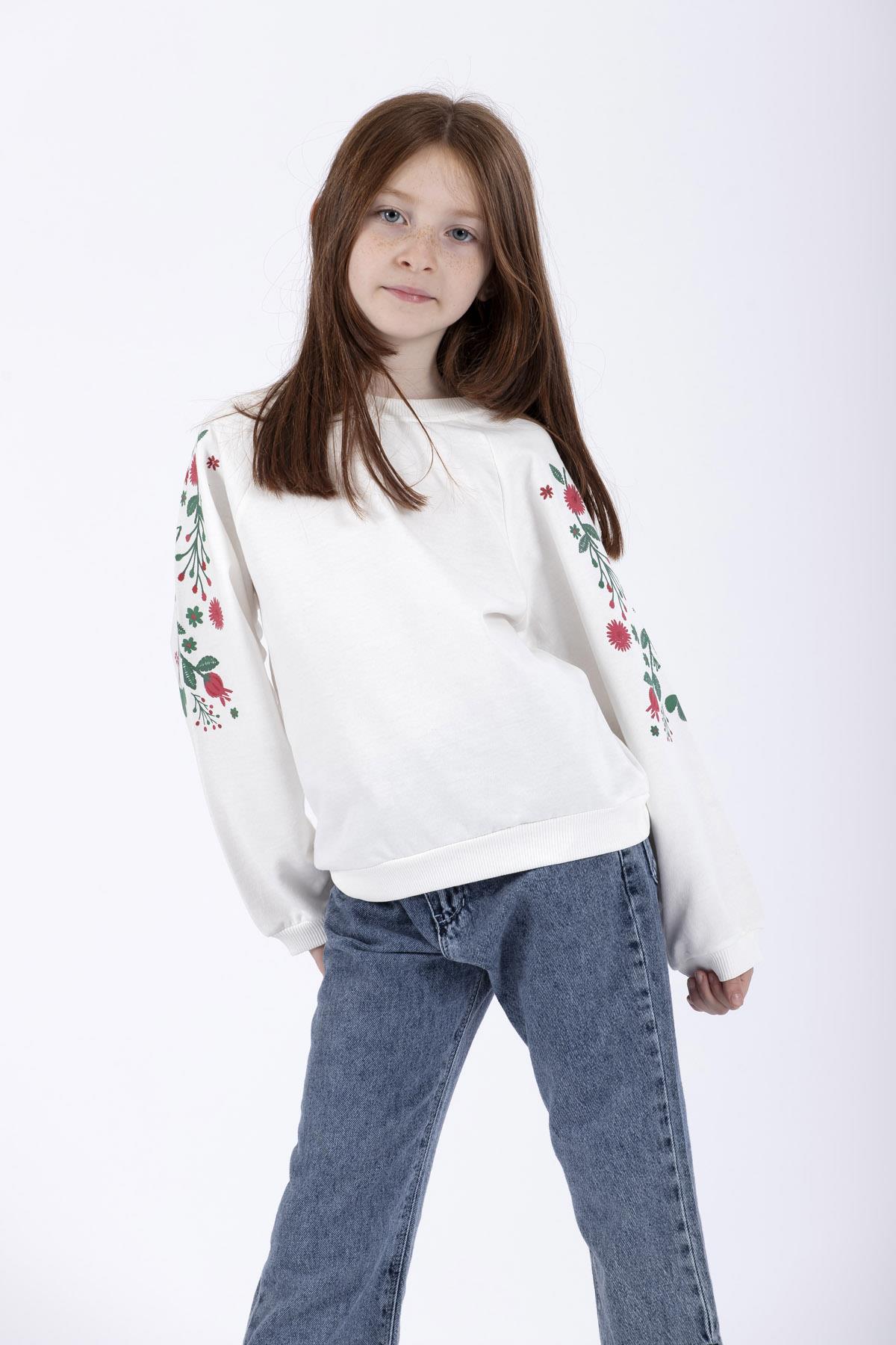 Bisiklet Yaka Uzun Kol Çiçek Baskılı Ekru Renk Kız Çocuk Sweatshirt
