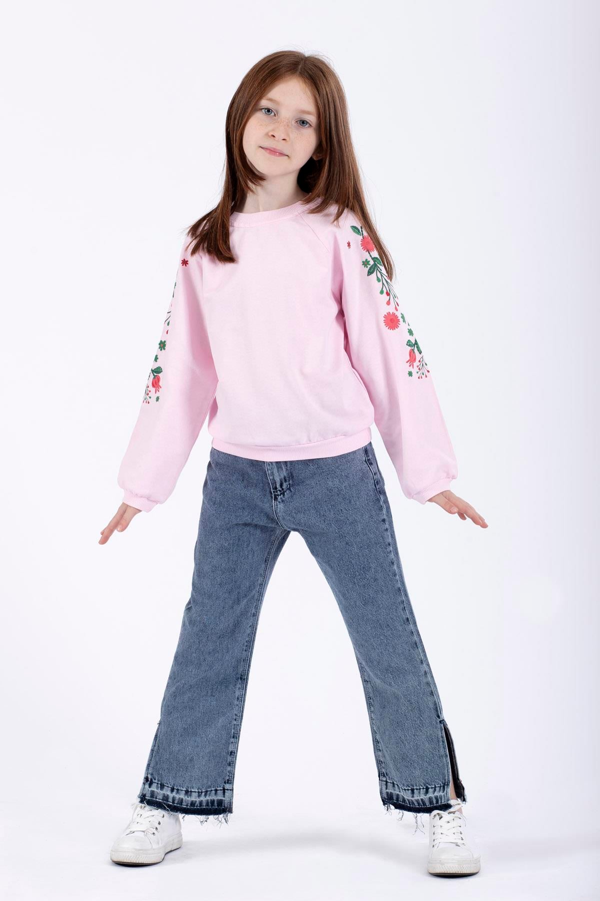 Bisiklet Yaka Uzun Kol Çiçek Baskılı Pudra Renk Kız Çocuk Sweatshirt