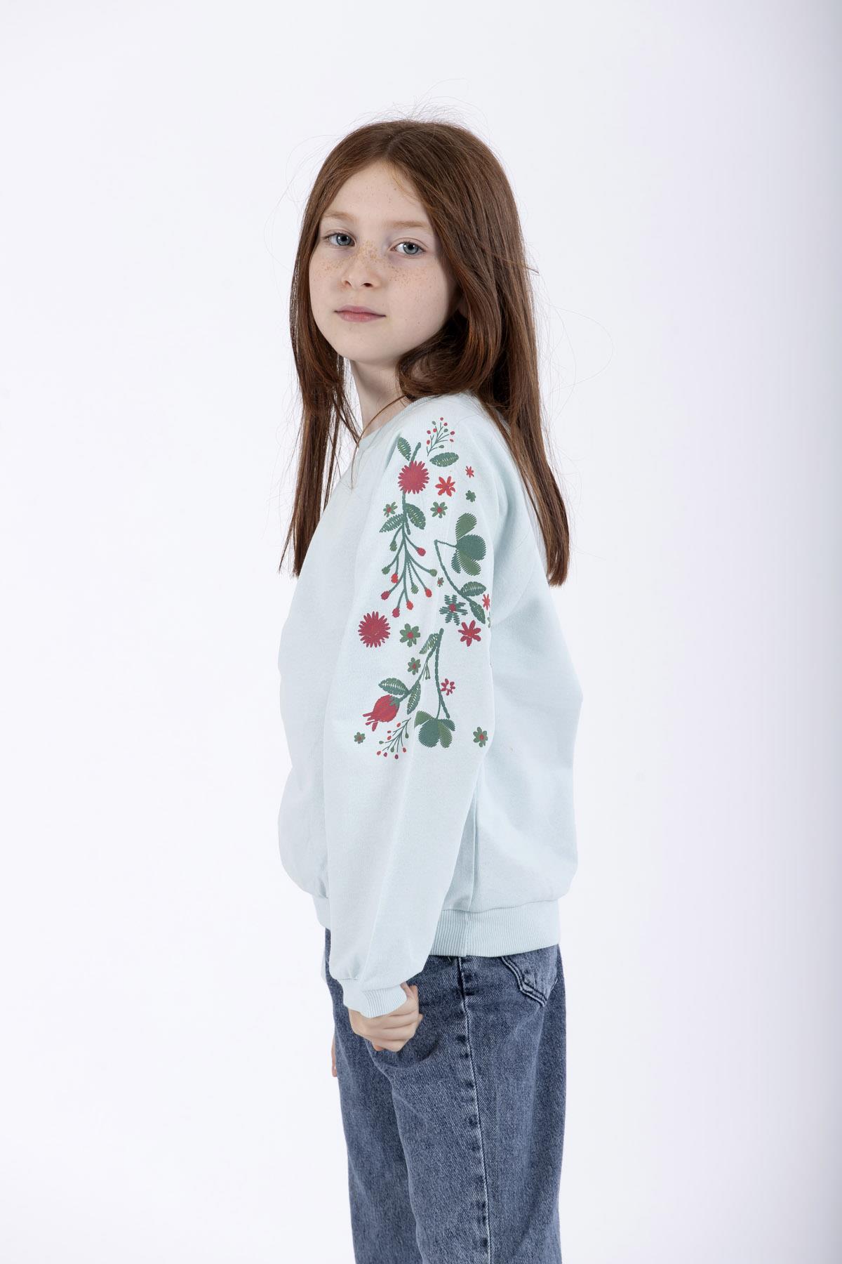 Bisiklet Yaka Uzun Kol Çiçek Baskılı Mint Renk Kız Çocuk Sweatshirt