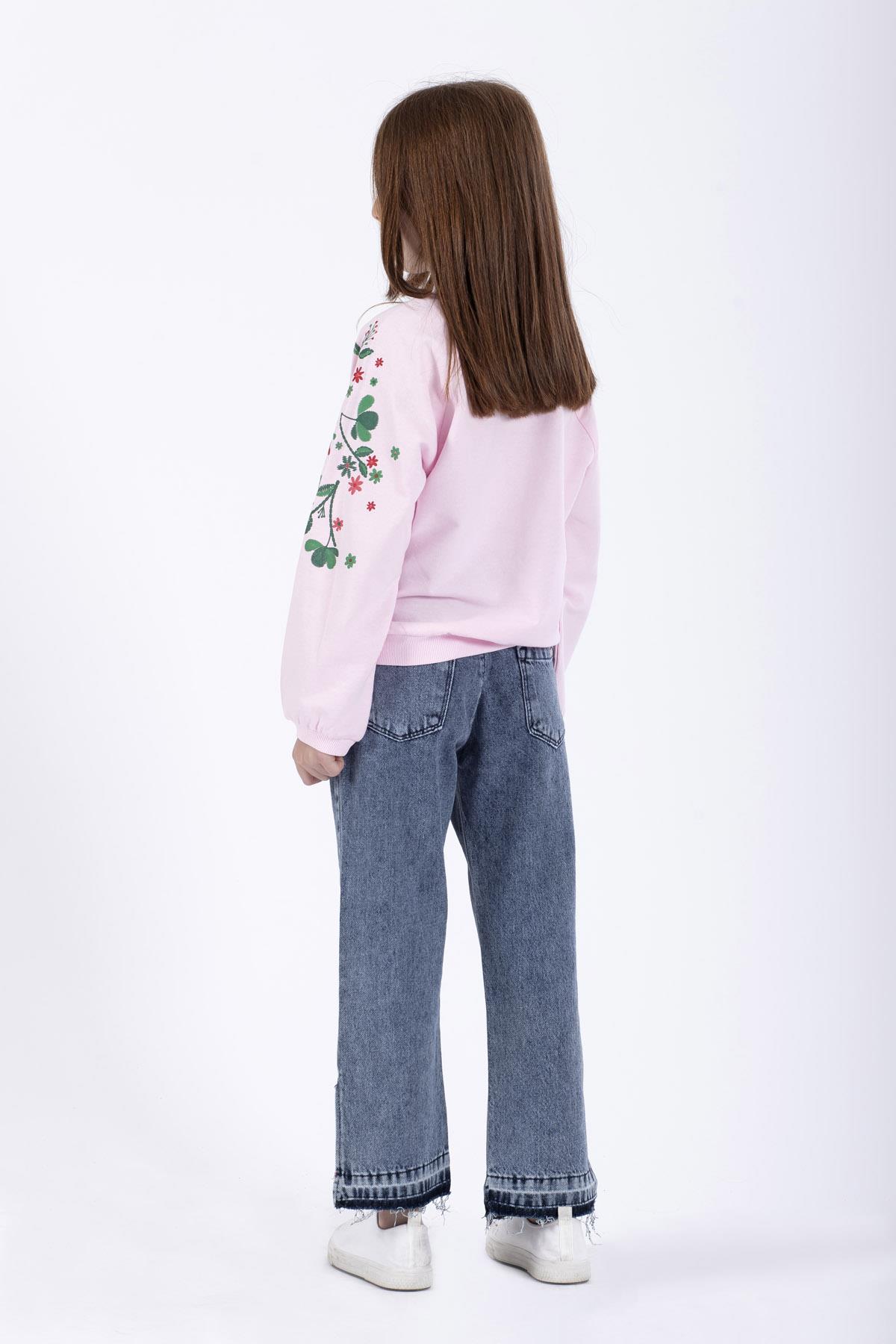 Bisiklet Yaka Uzun Kol Çiçek Baskılı Pudra Renk Kız Çocuk Sweatshirt