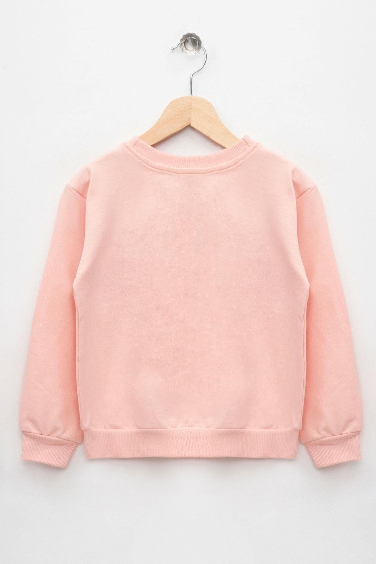 Bisiklet Yaka Uzun Kol Kedi Baskılı Acik Somon Renk Kız Çocuk Sweatshirt
