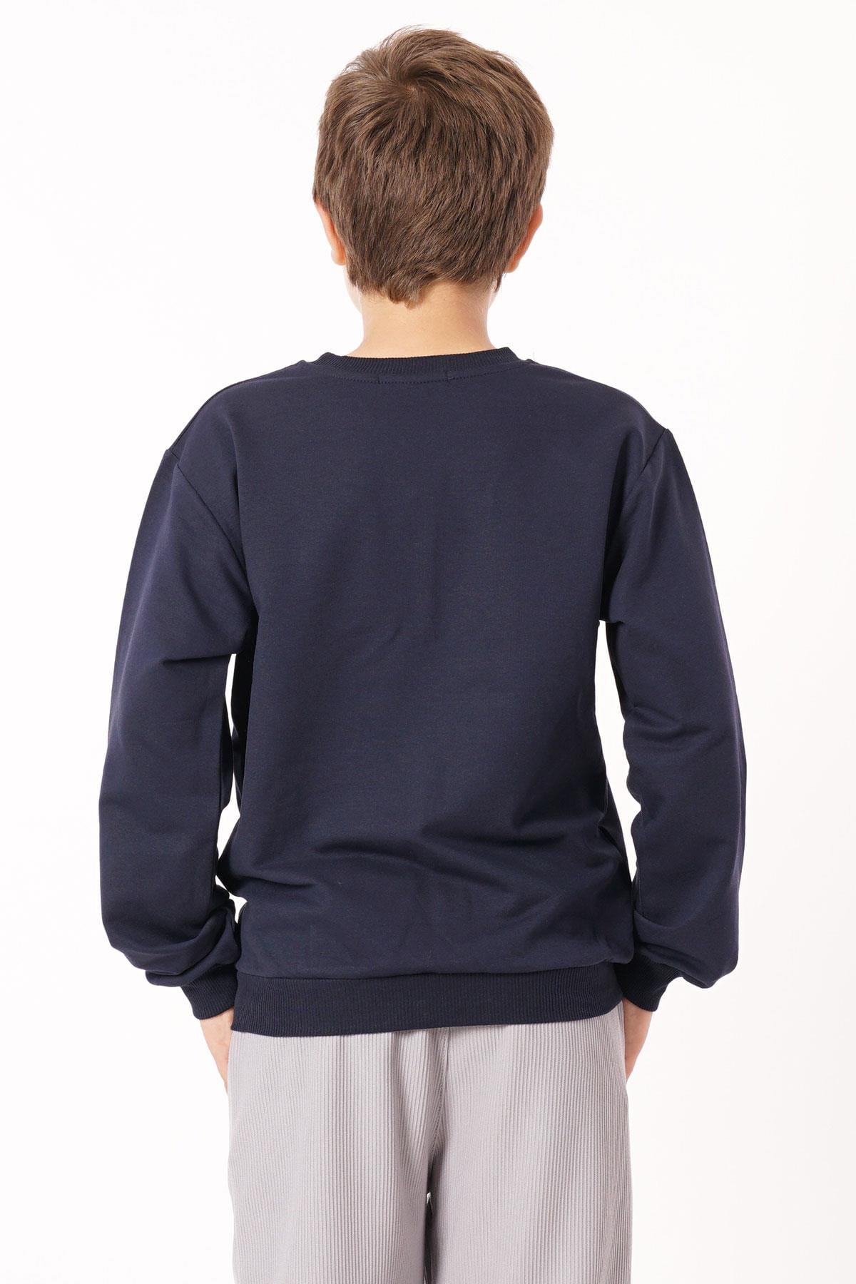 Bisiklet Yaka Uzun Kol Yazı Baskılı Lacivert Renk Erkek Çocuk Sweatshirt