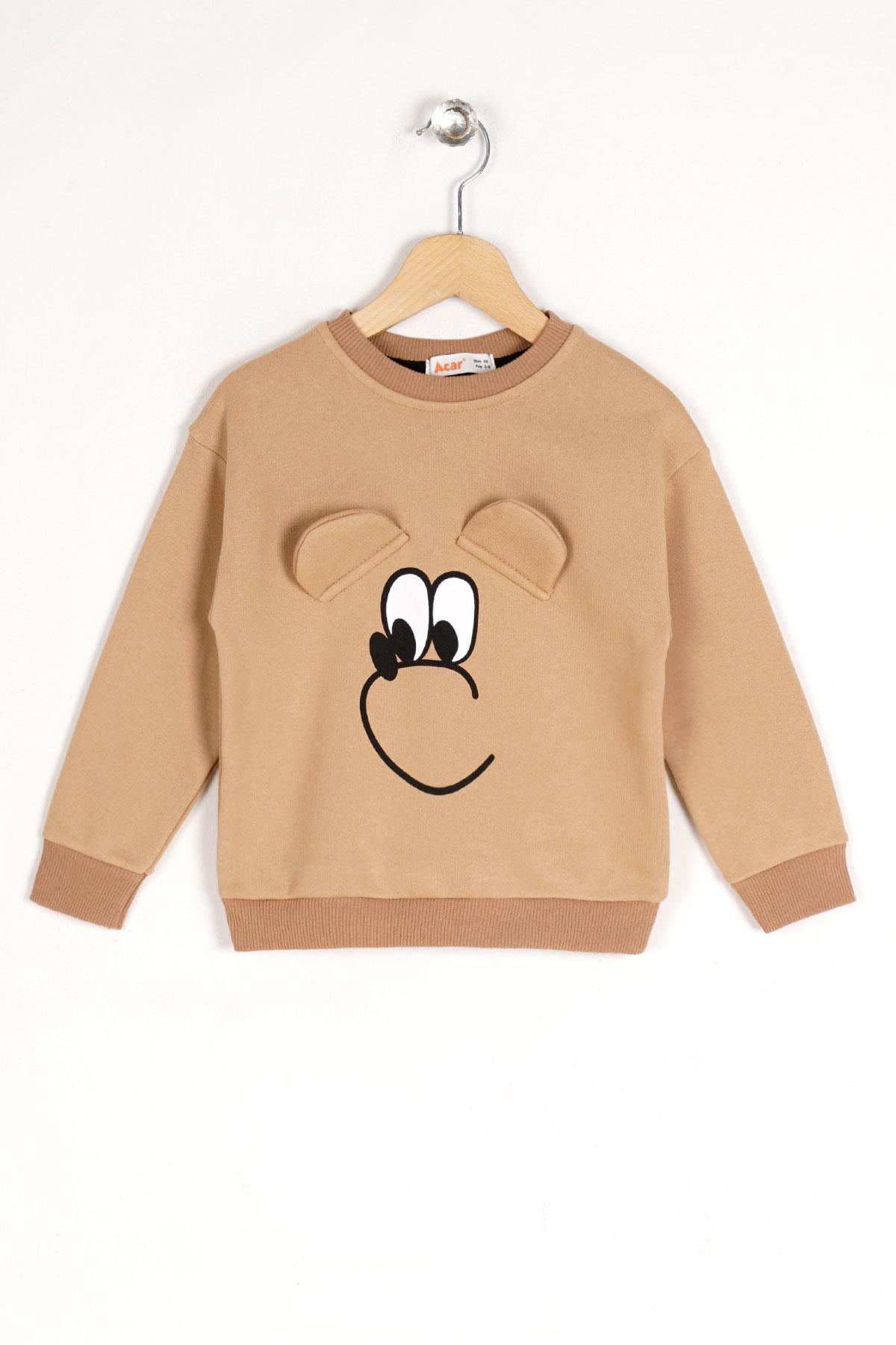 Bisiklet Yaka Uzun Kol Bej Renk Kız Çocuk Sweatshirt