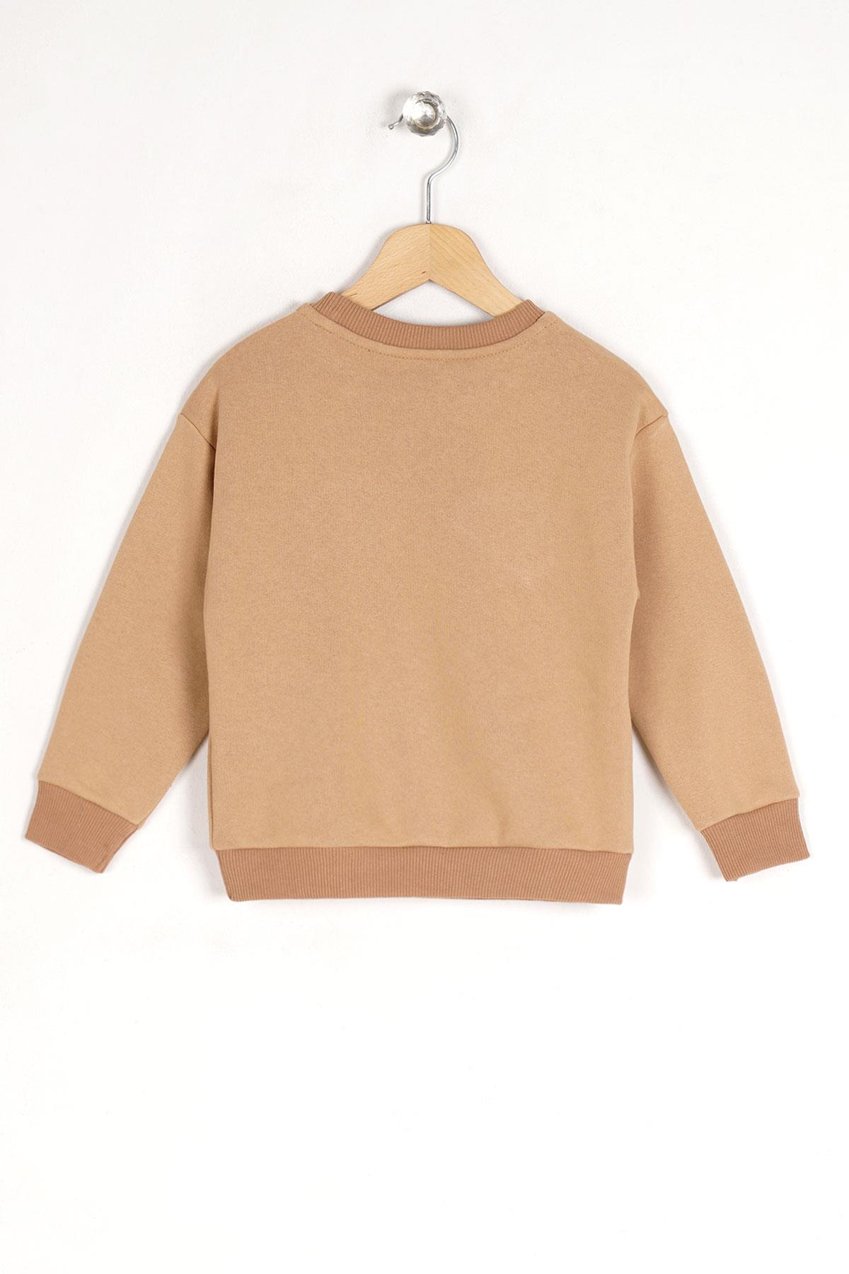 Bisiklet Yaka Uzun Kol Bej Renk Kız Çocuk Sweatshirt