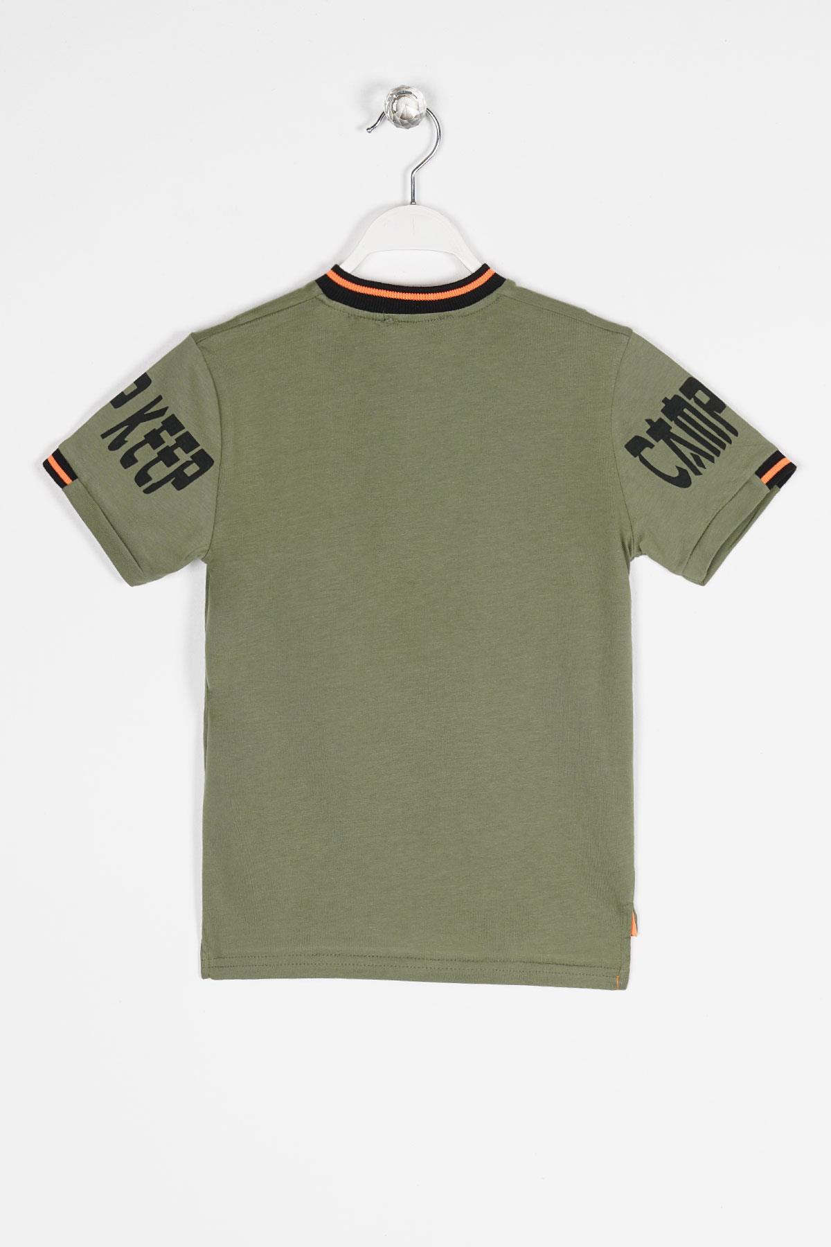 Bisiklet Yaka Kısa Kol Yakası Düğmeli Kolları Camp Keep Baskılı Haki Renk Erkek Çocuk Tshirt